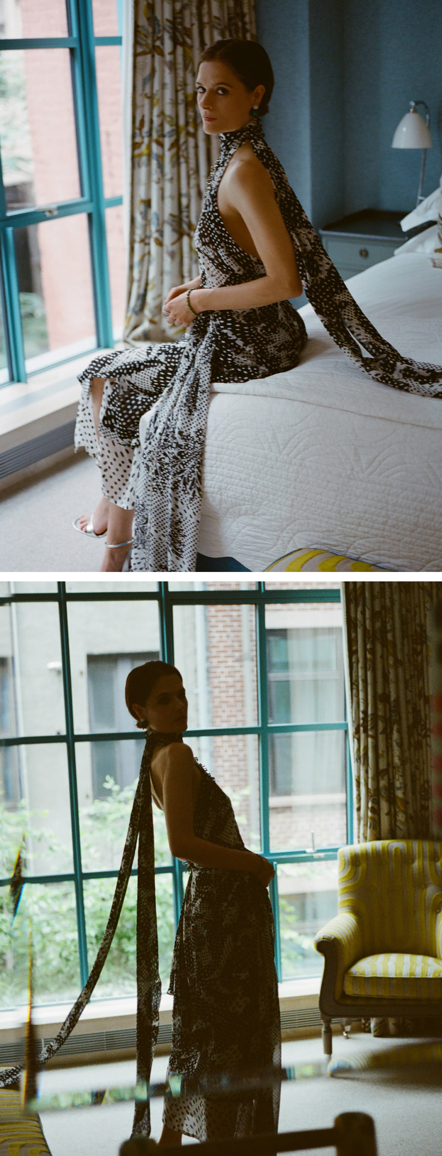 Actress Louisa Jacobson wears a scarf-print Dries Van Noten halter dress with Sauer jewels. She is posing for portraits inside her hotel room before The Gilded Age season 3 premiere.