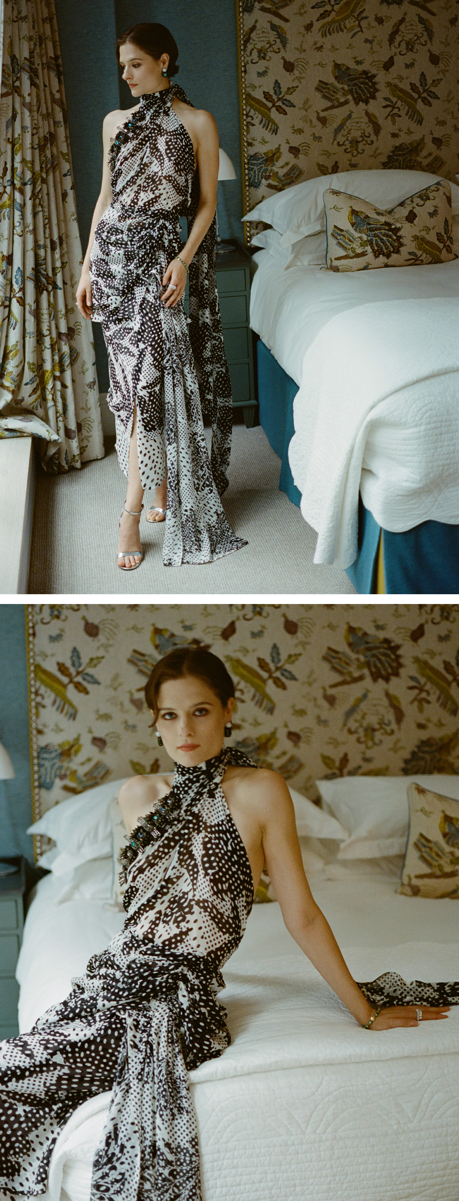 Actress Louisa Jacobson wears a scarf-print Dries Van Noten halter dress with Sauer jewels. She is posing for portraits inside her hotel room before The Gilded Age season 3 premiere.