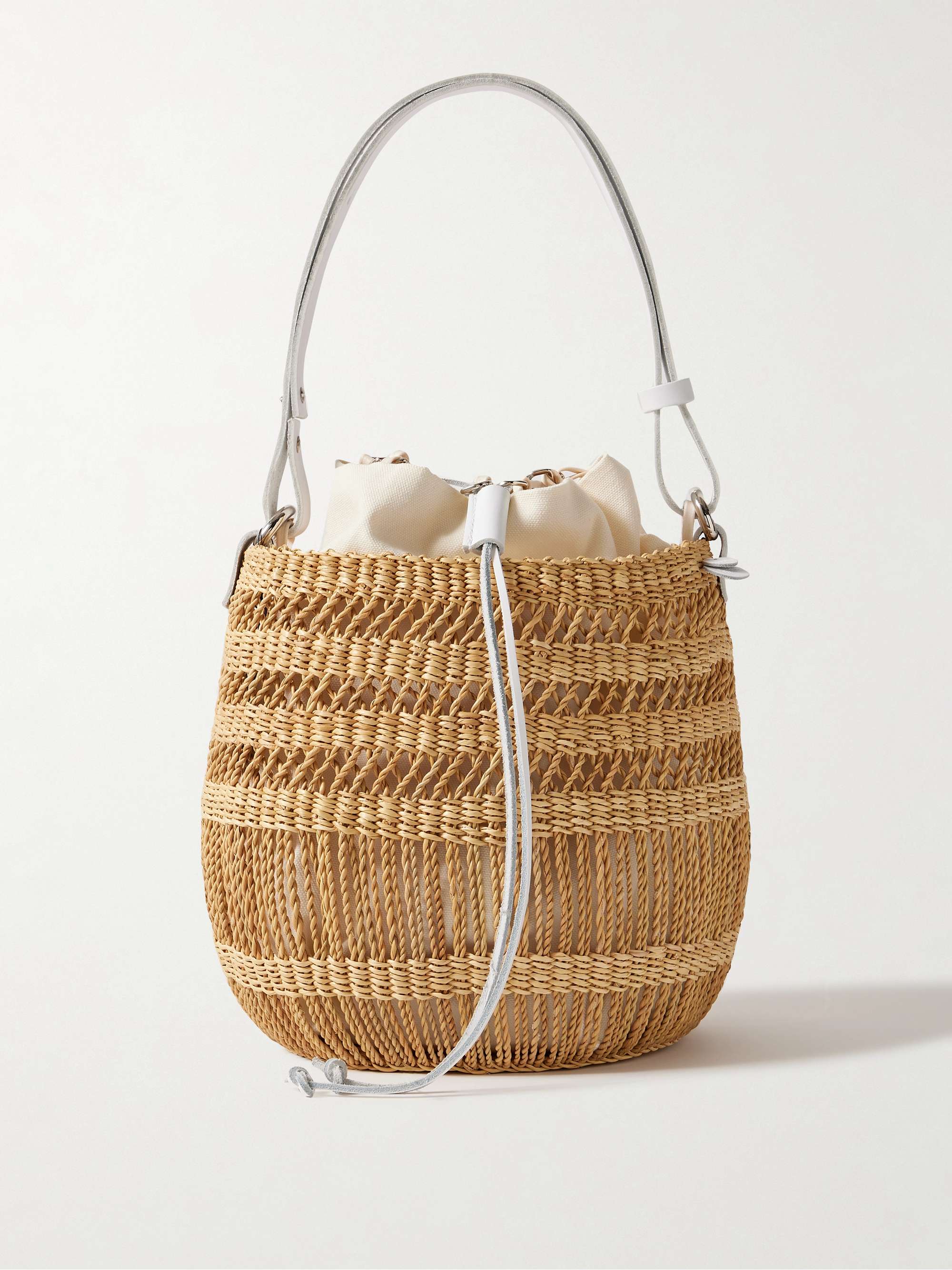 Minette Leather-Trimmed Woven Straw Bucket Bag