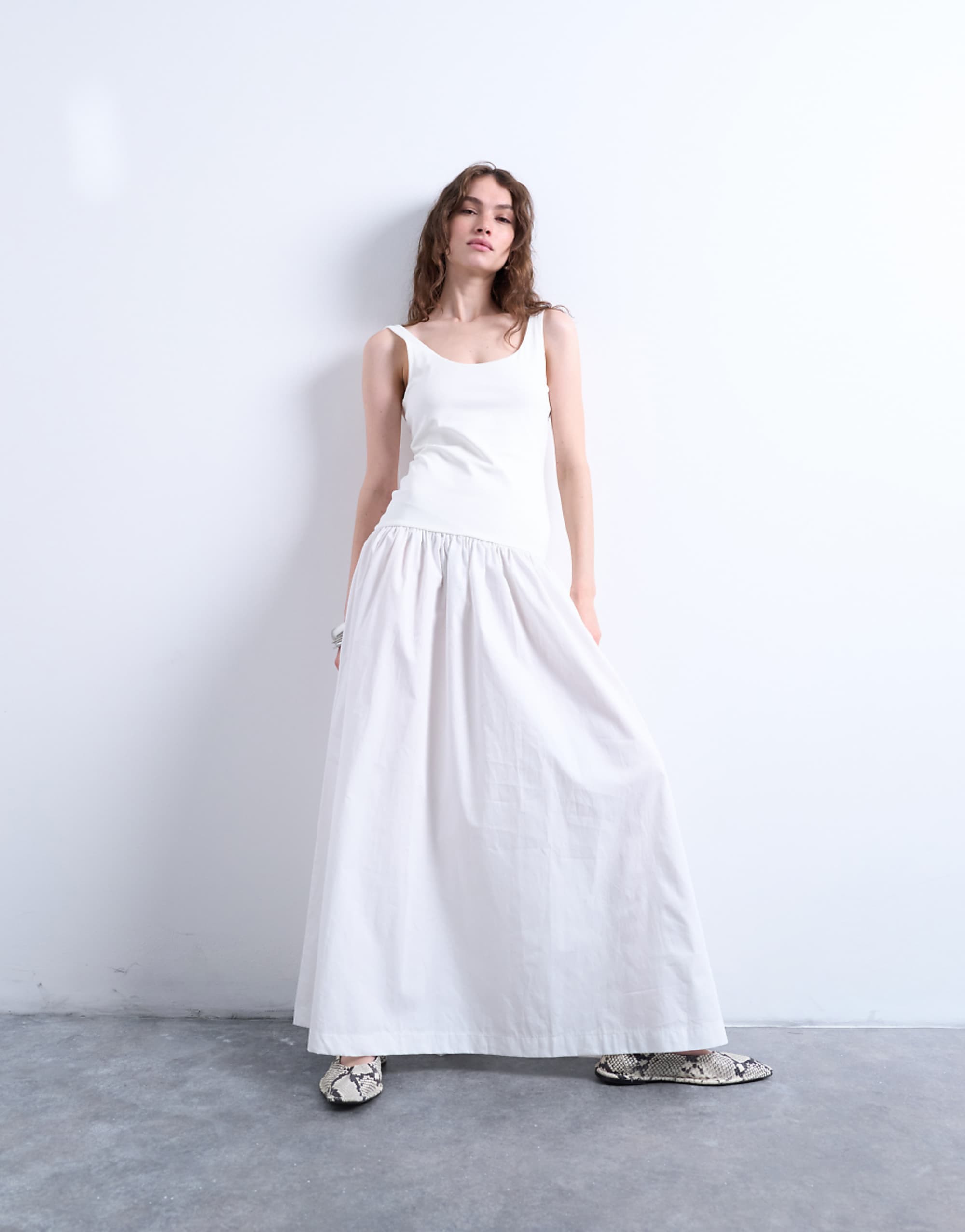 Topshop Poplin Mix Scoop Neck Maxi Dress in White