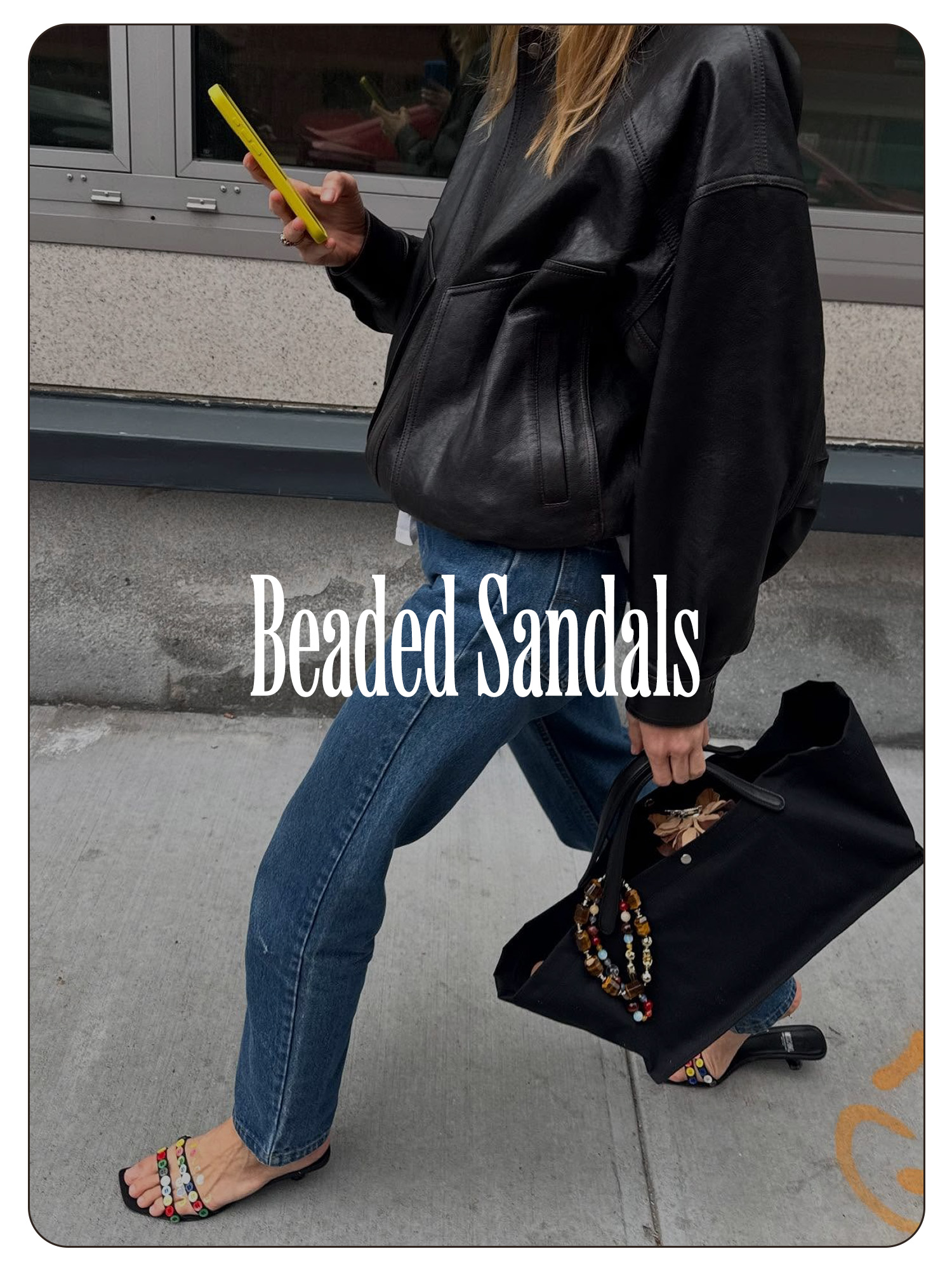 A photo of Courtney Grow wearing a leather jacket, jeans, and beaded sandals.