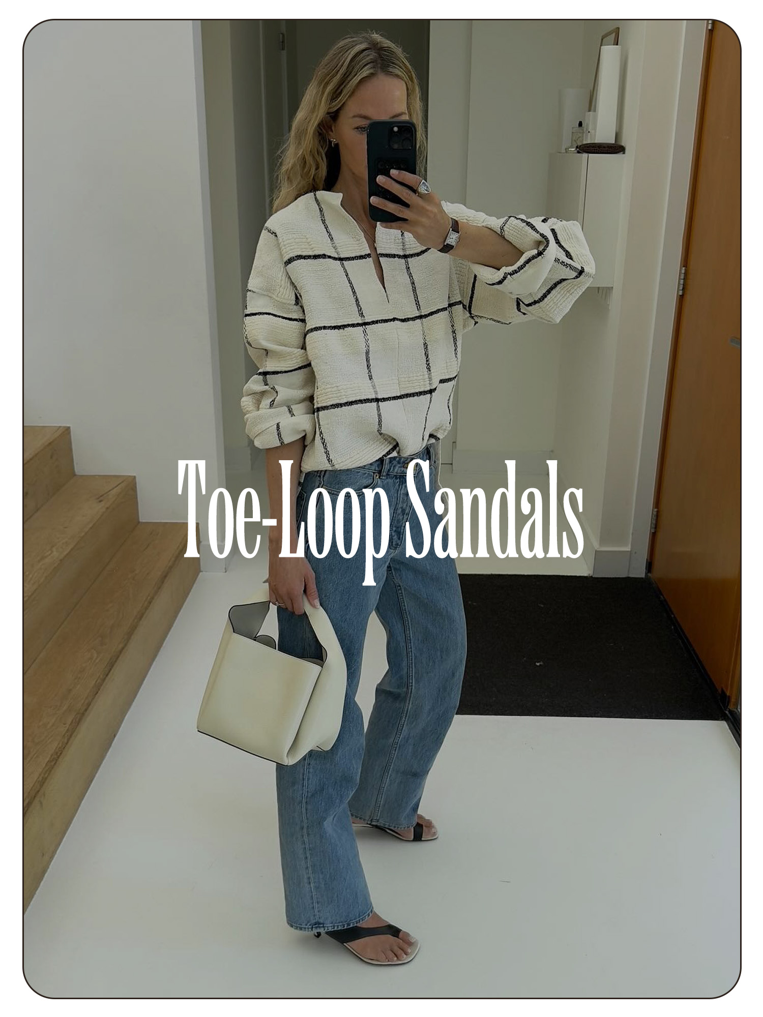 A photo of Anouk Yve wearing a plaid shirt, jeans, and toe-loop sandals.