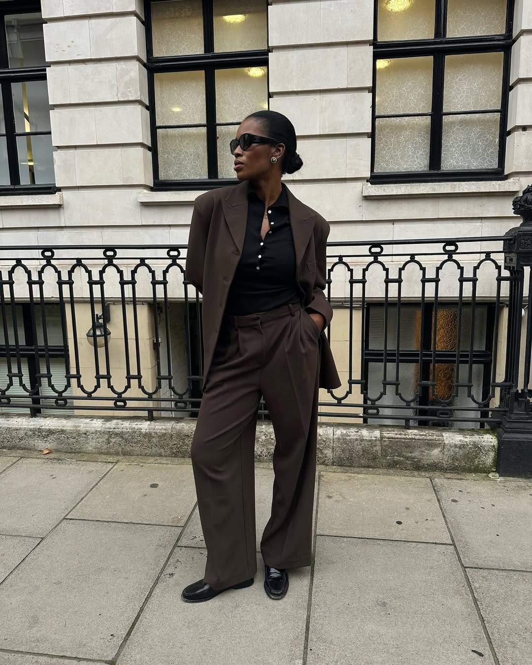 @nlmarilyn wearing a brown pant suit