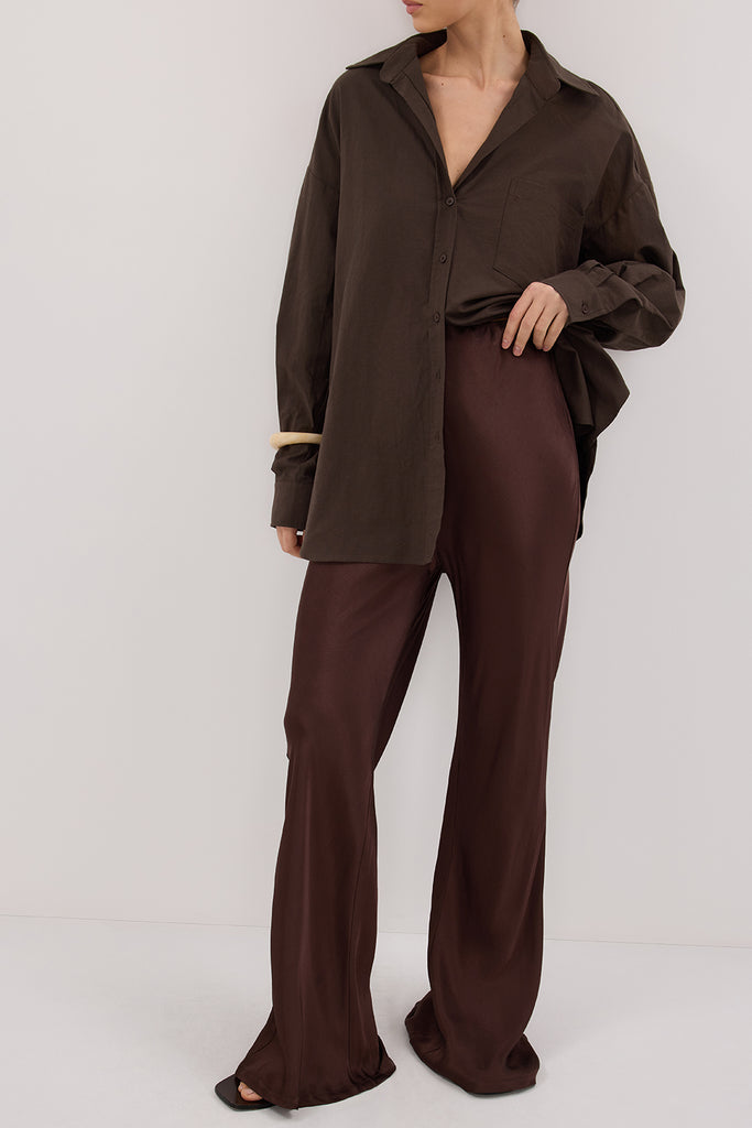 Nikki Bitter Choc Satin Bias Pant