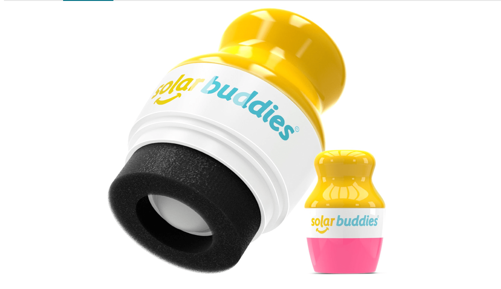 Two sunscren applicators, one floating in close-up, one upright and smaller.