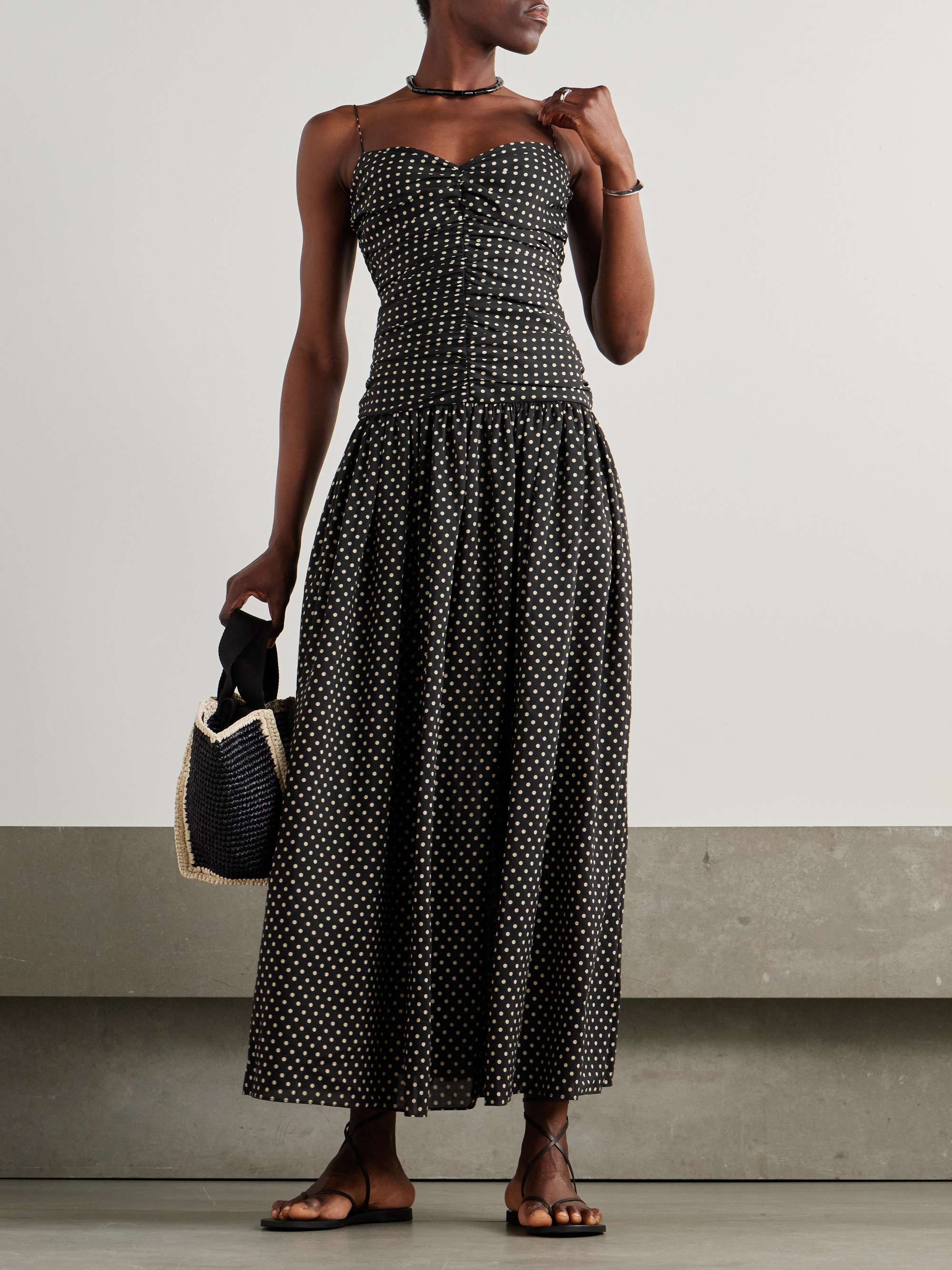 Gathered Polka-Dot Organic Cotton and Silk-Blend Midi Dress