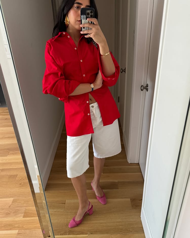 @mich.zad wears a red shirt with white bermuda shorts