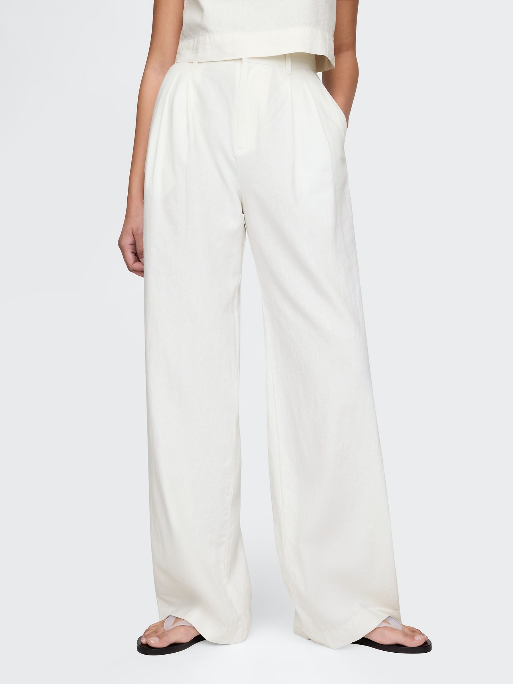 White Wide Leg Heavyweight Linen-Blend High Waisted Wide Trousers
