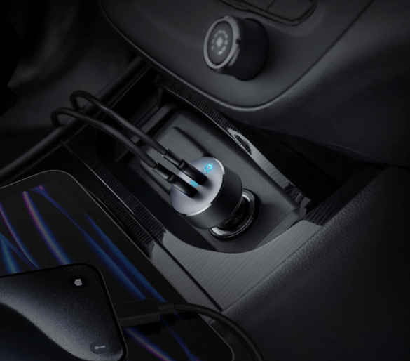 Car USB-C attachment within a car’s power charger.