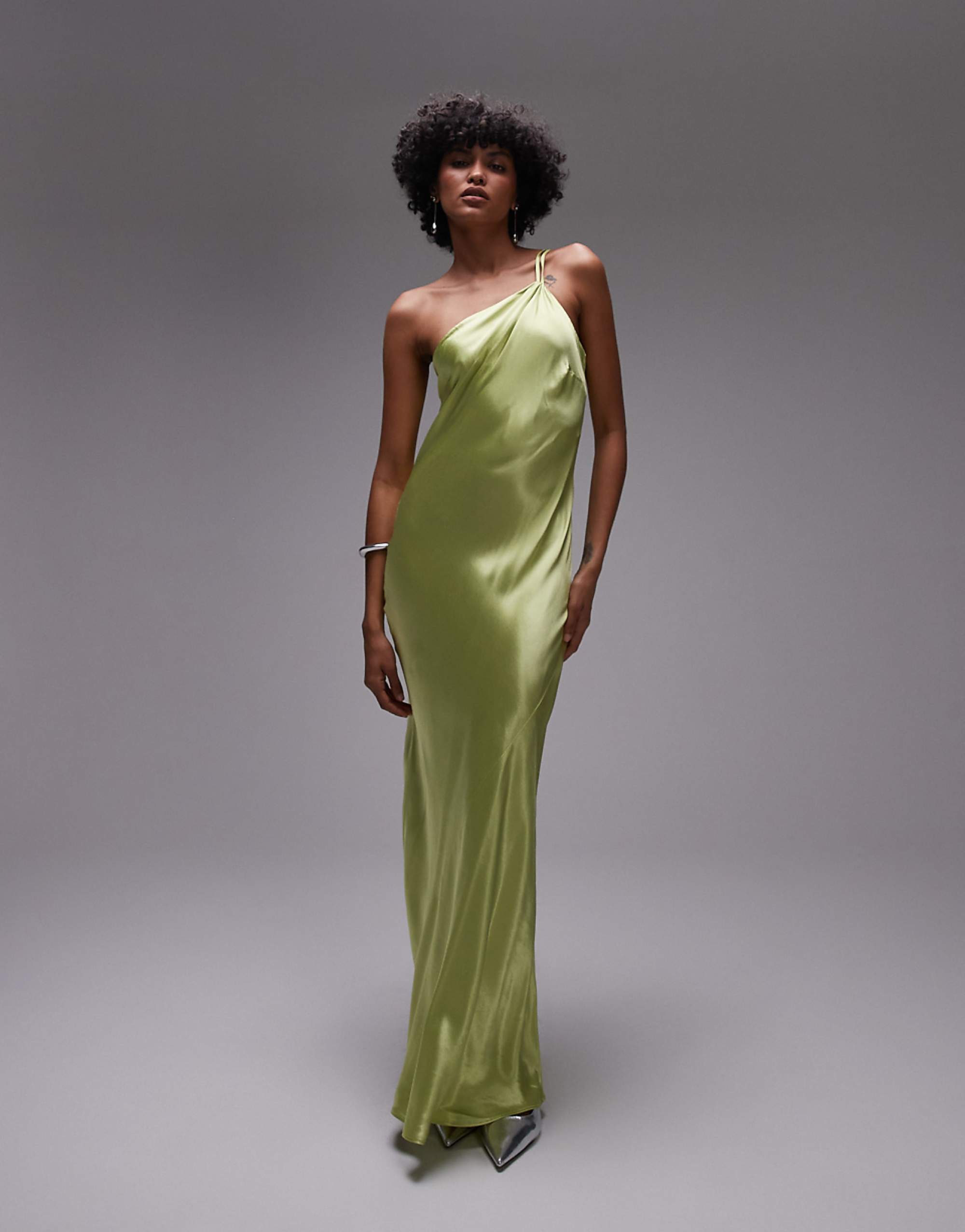 Topshop Asymmetric One Shoulder Open Back Midi Occasion Dress in Lime Satin