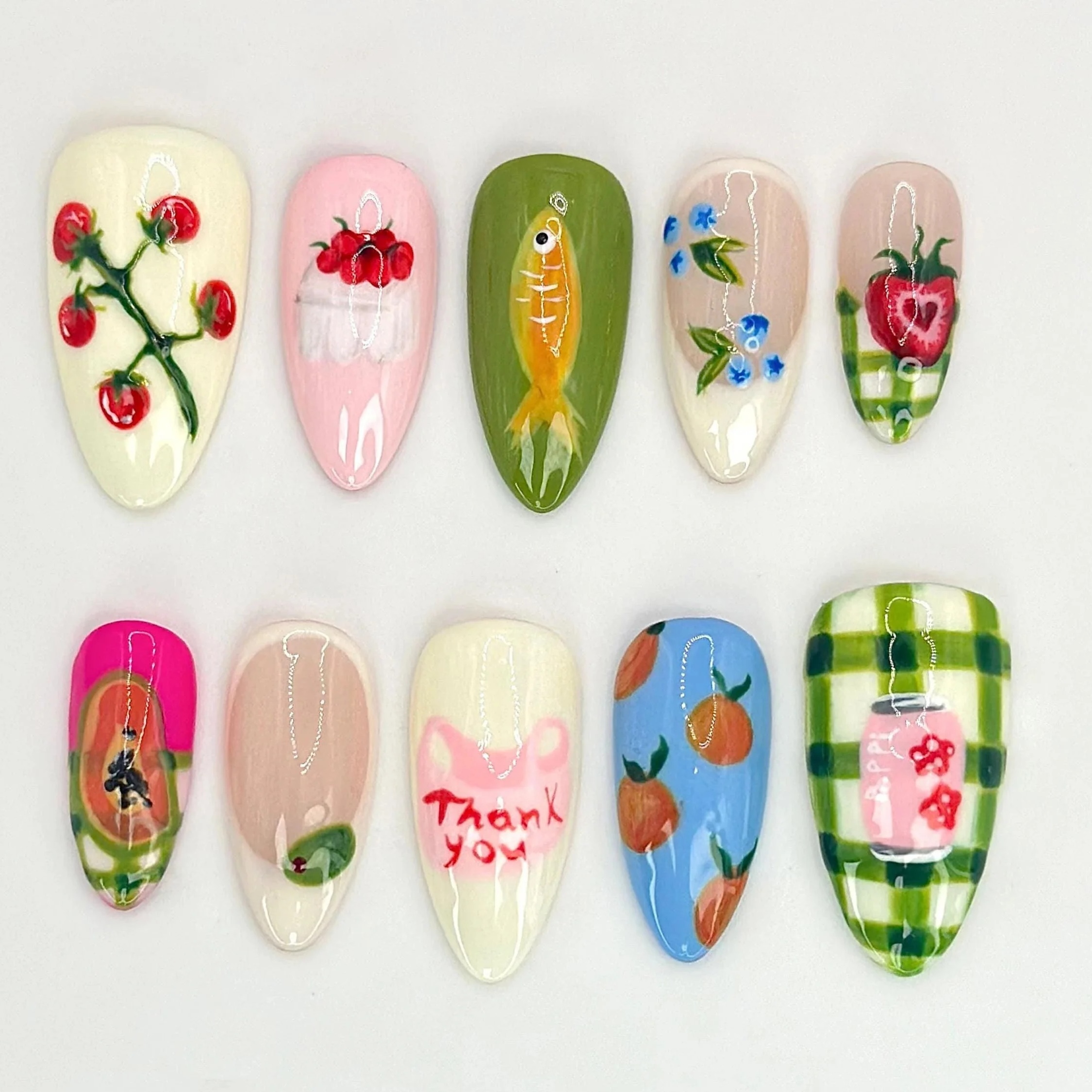 Fruit Garden Custom Press on Nails | Hand-Painted Watermelon, Strawberry & Citrus Nail Art | Vegan-Friendly Nail Designs | Jb525hc - Coffin 1 / Xs