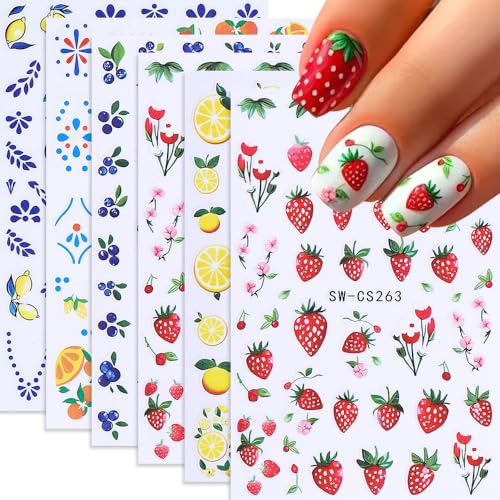 Nail Art Stickers, Summer Nail Decals 3d Self-Adhesive Cute Fruit Lemon Cherry Strawberry Blueberry Pattern Summer Design Manicure Tropical Nail Accessories for Women Girls(6sheets)