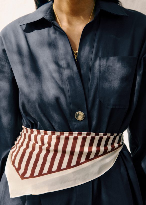 Cléophée Scarf - Sézane X Holiday - Ecru and Coffee Stripes - Silk - Sézane