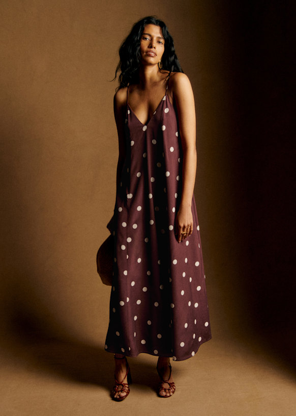 Giuseppa Dress - Ecru Polka Dots on Chocolate Print - Silk - Sézane