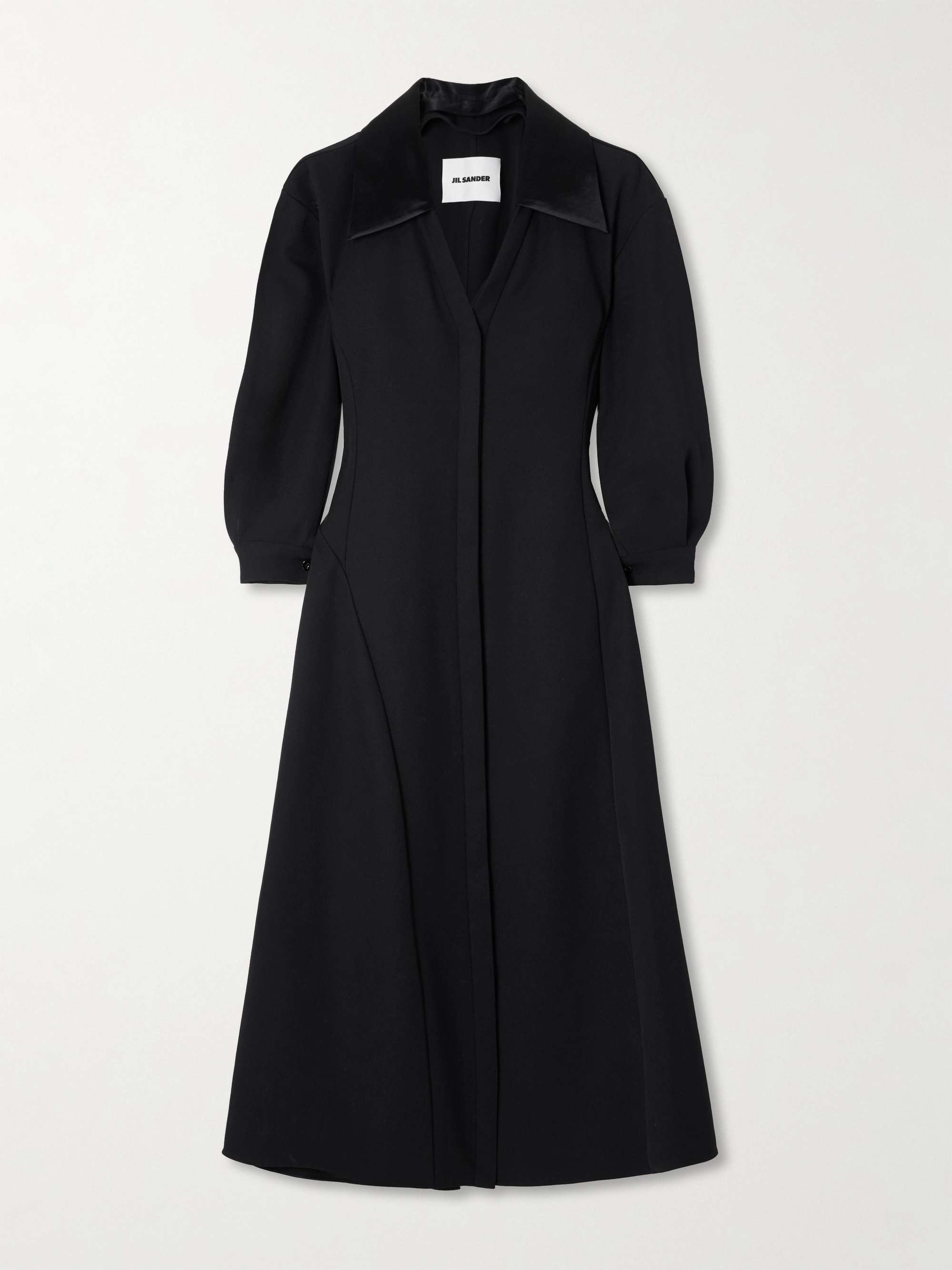 Asymmetric Satin-Trimmed Wool-Twill Midi Shirt Dress