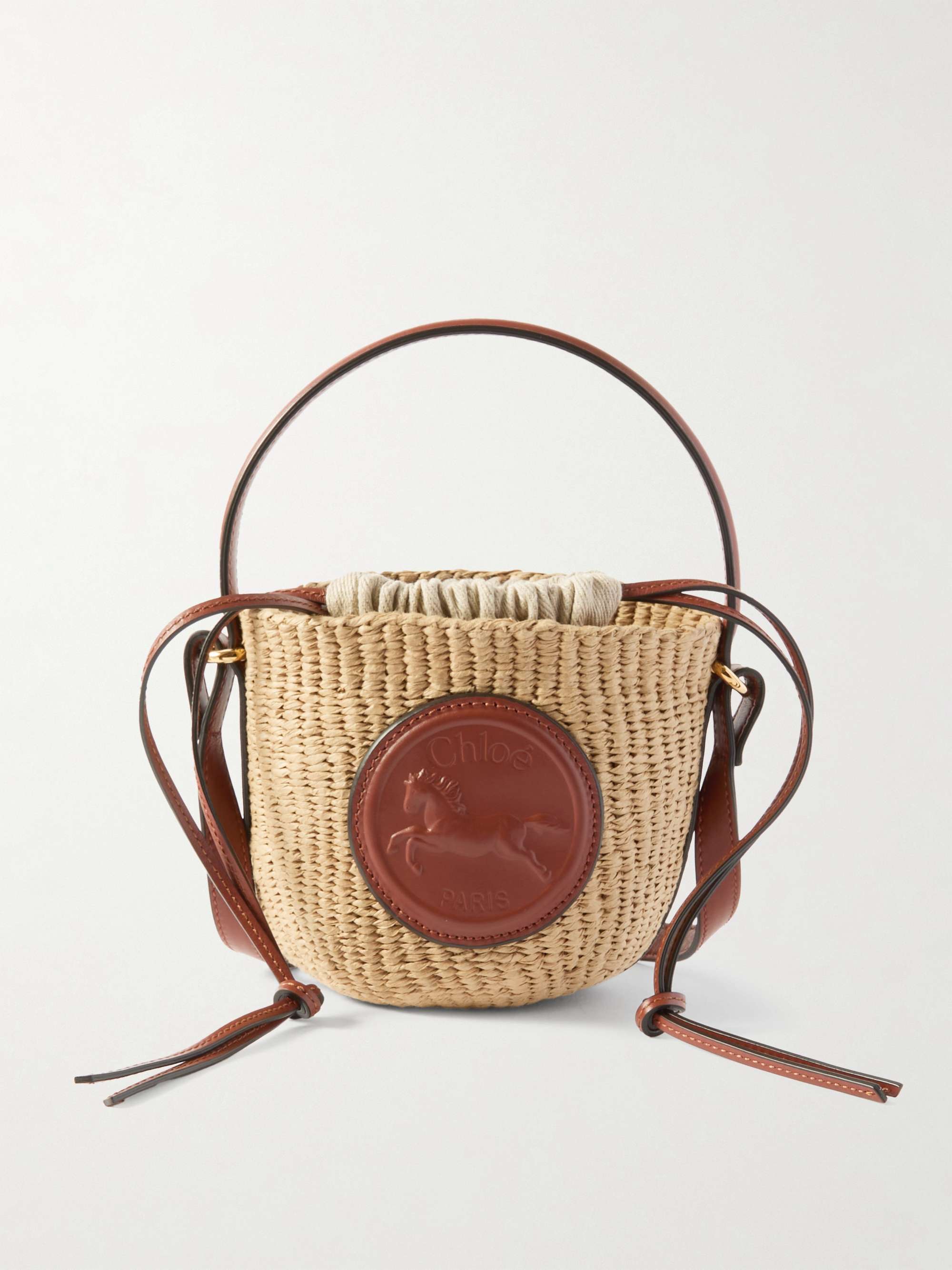 Embossed Leather-Trimmed Faux Raffia Bucket Bag