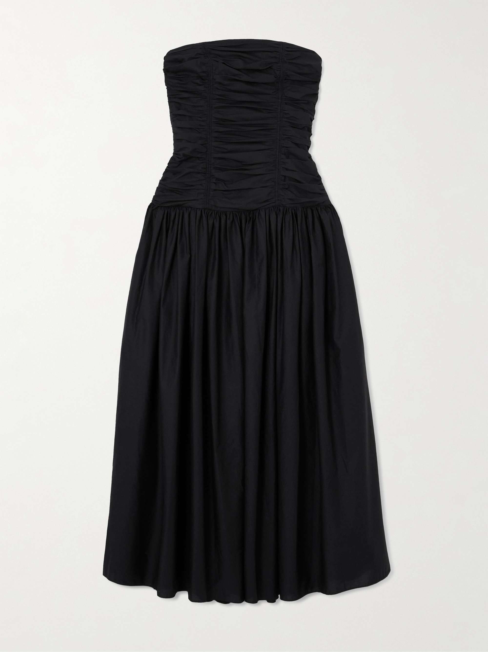 Strapless Ruched Organic Cotton-Poplin Midi Dress