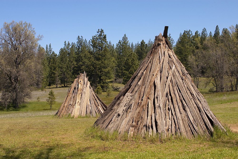 Two wooden Native Americans wigwams in a field