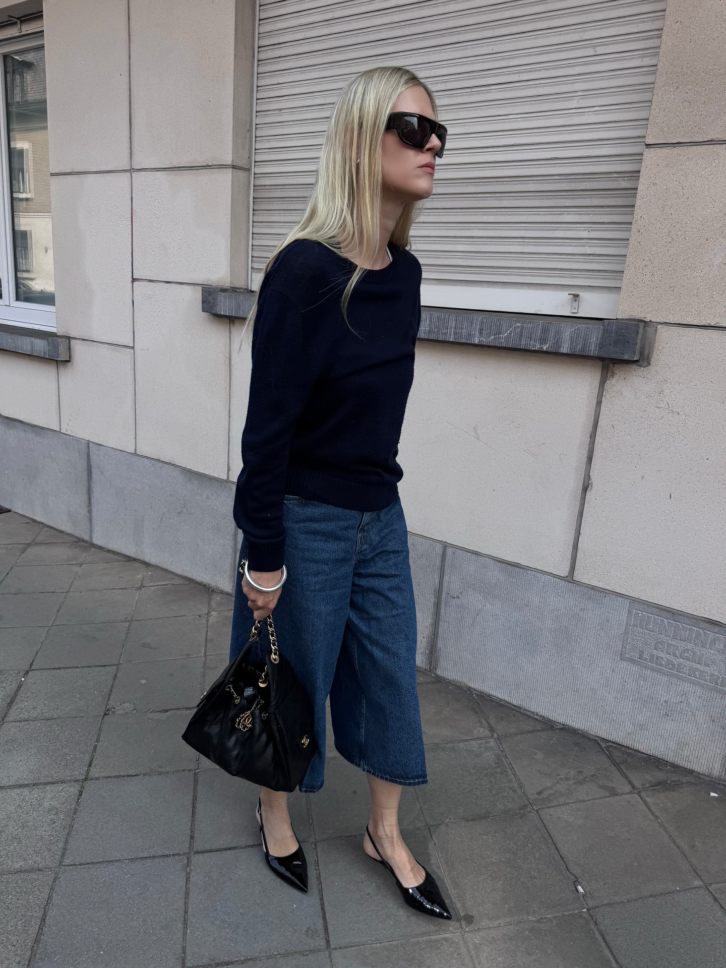 Influencer wearing denim culottes