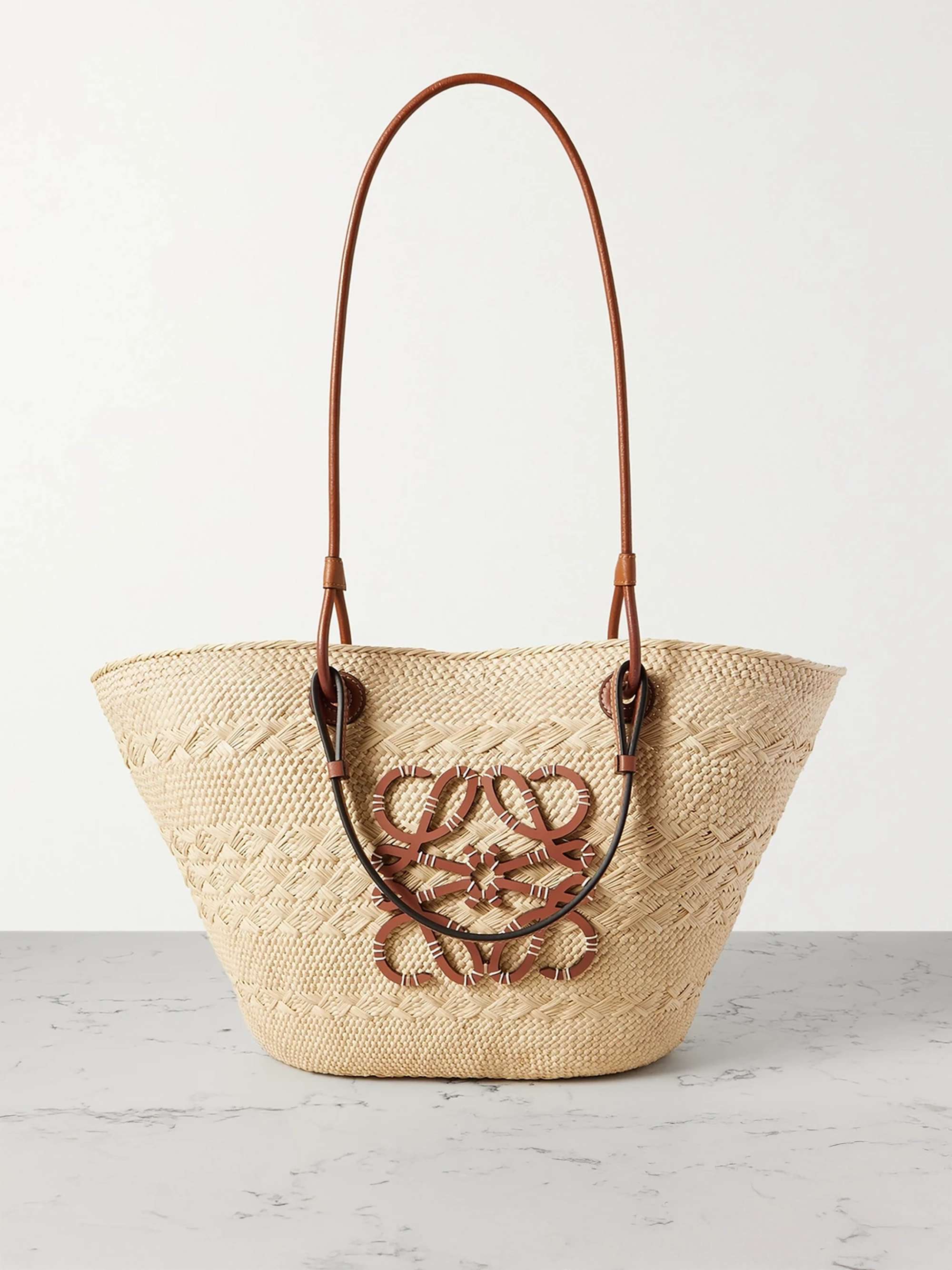 + Paula's Ibiza Anagram Medium Leather-Trimmed Woven Raffia Tote