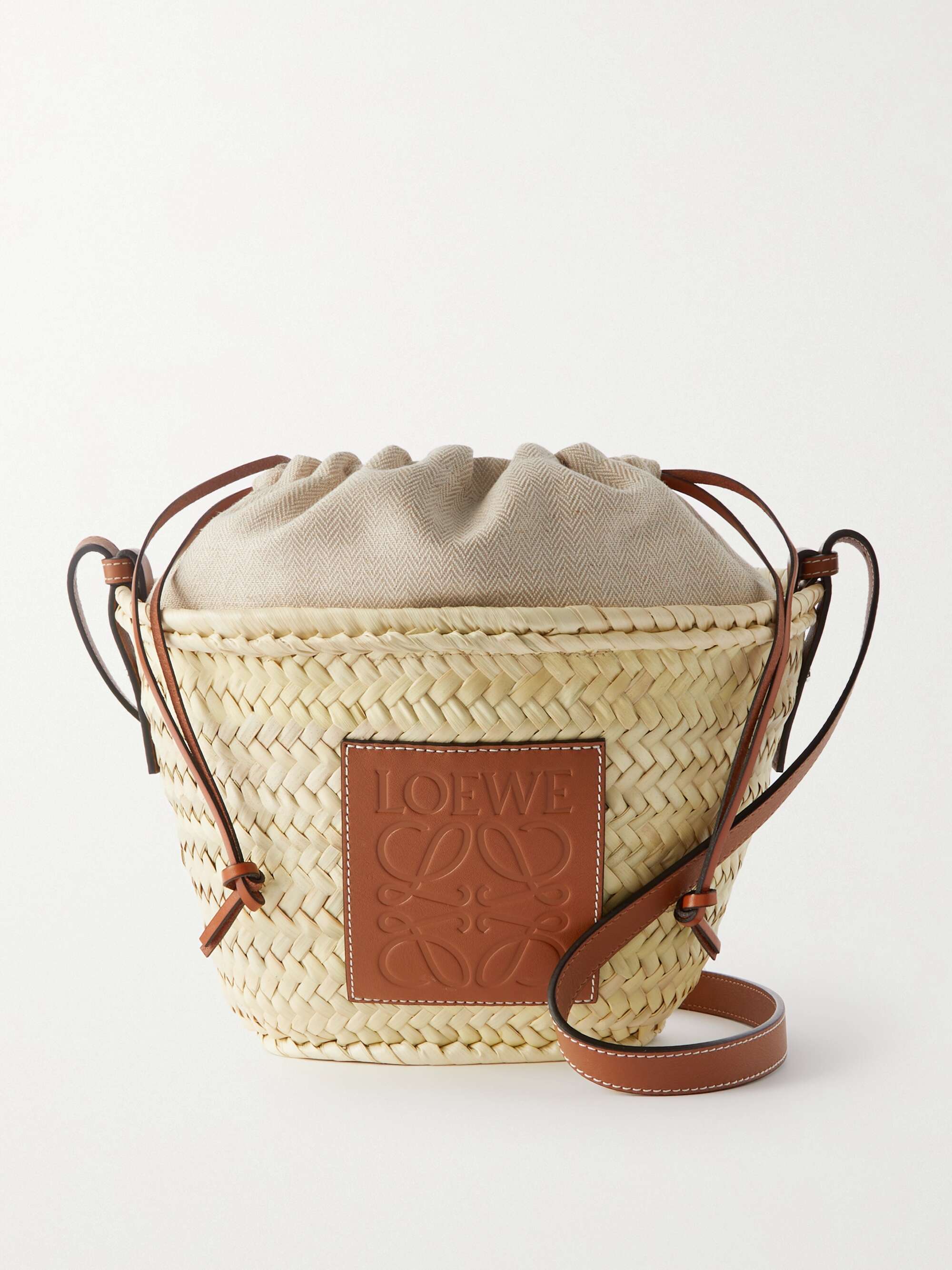 + Paula's Ibiza Leather-Trimmed Raffia Bucket Bag