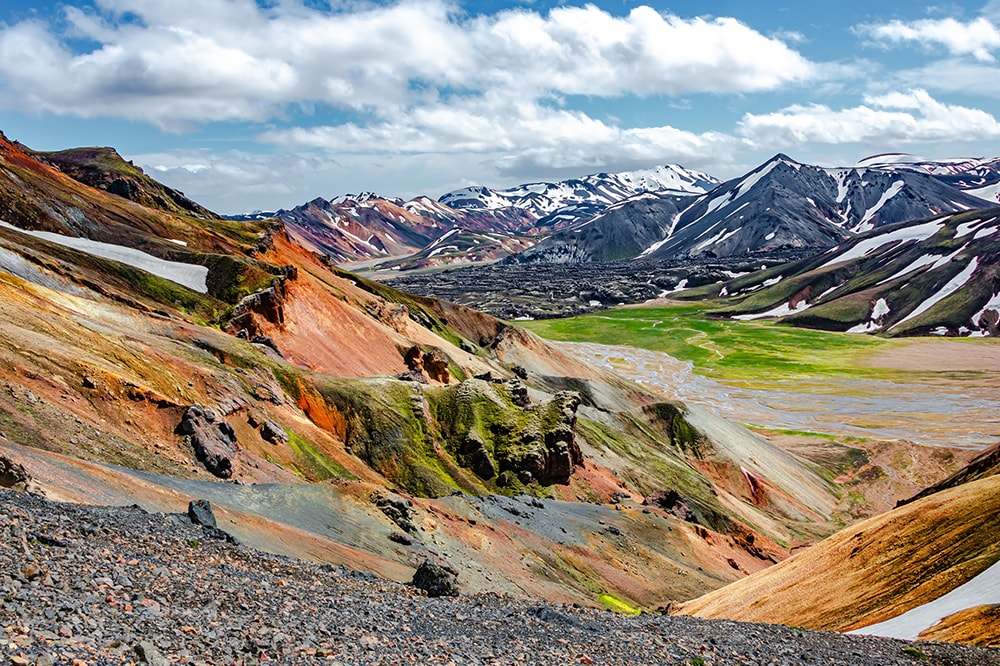 colourful and rocky scene from the fimmvoreuhals, one of the hardest long-distance treks in Europe