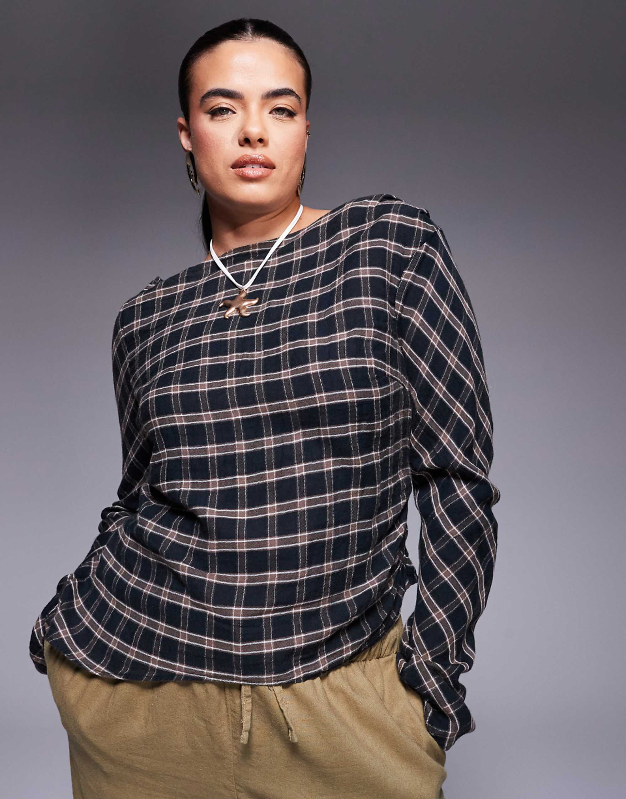 Asos Design Curve Slash Neck Ruched Detail Long Sleeve Top in Plaid