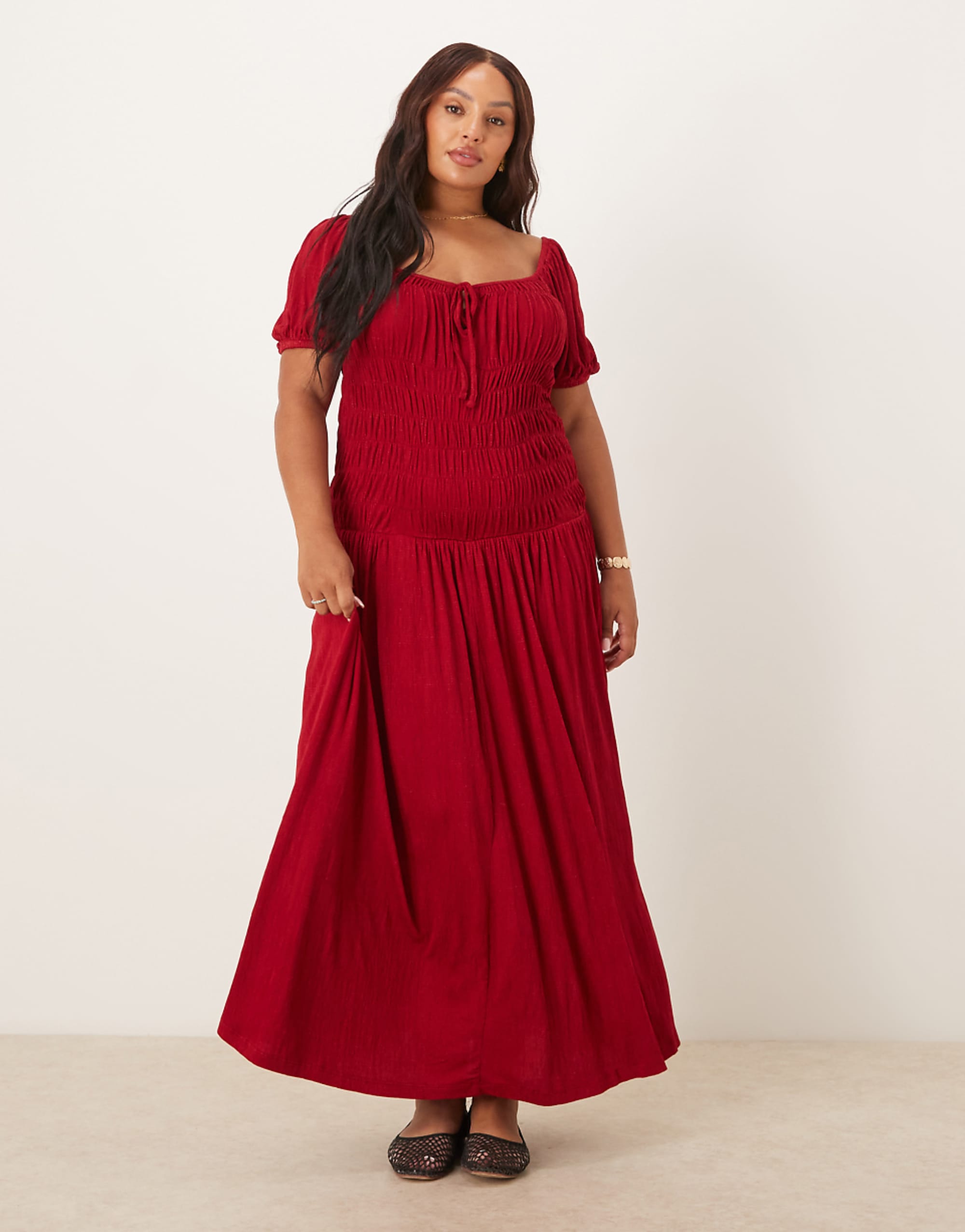 Asos Design Curve Crinkle Shirred Waist Milkmaid Puff Sleeve Midi Day Dress in Burgundy