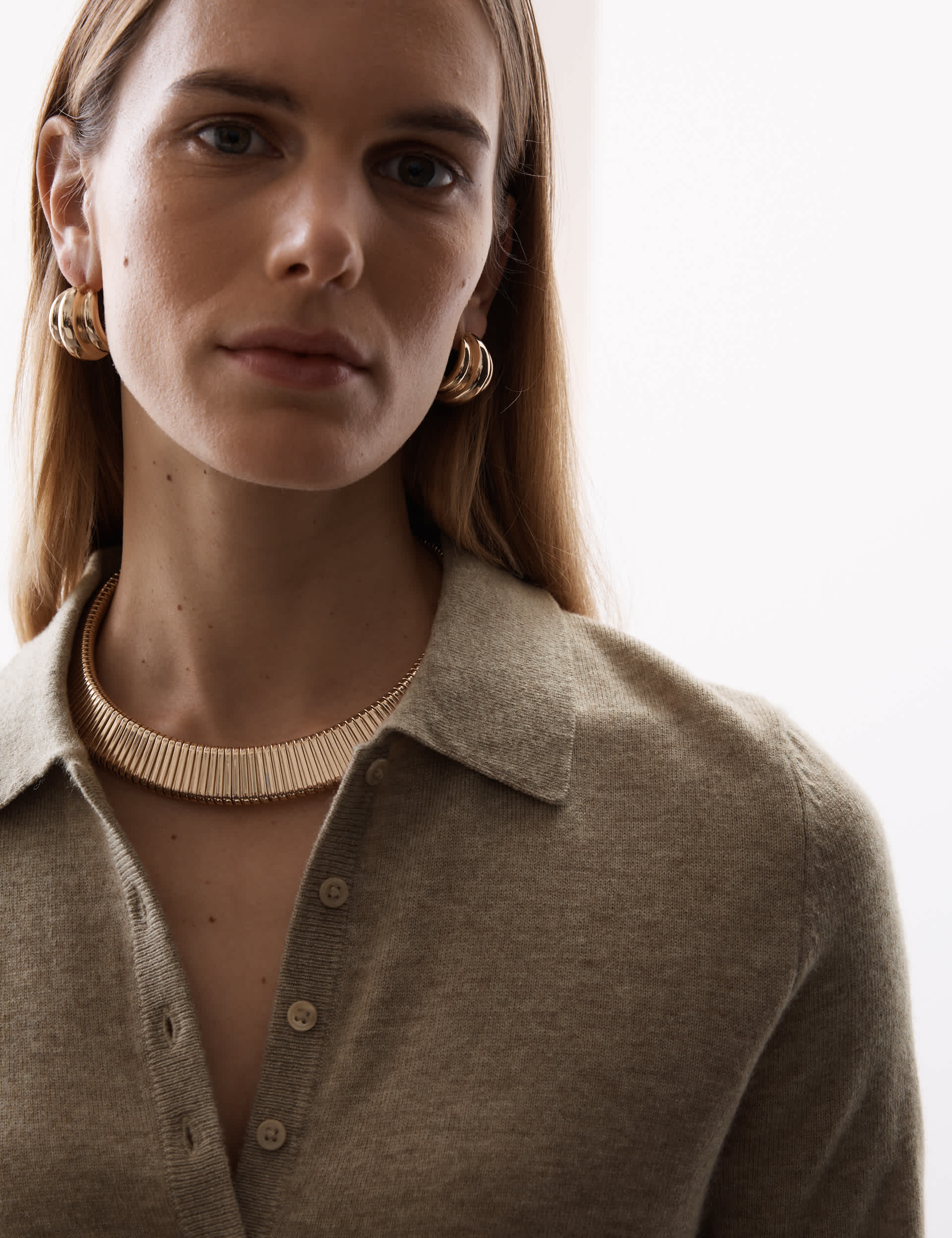 Merino Wool Rich Polo Neck Knitted Top With Cashmere