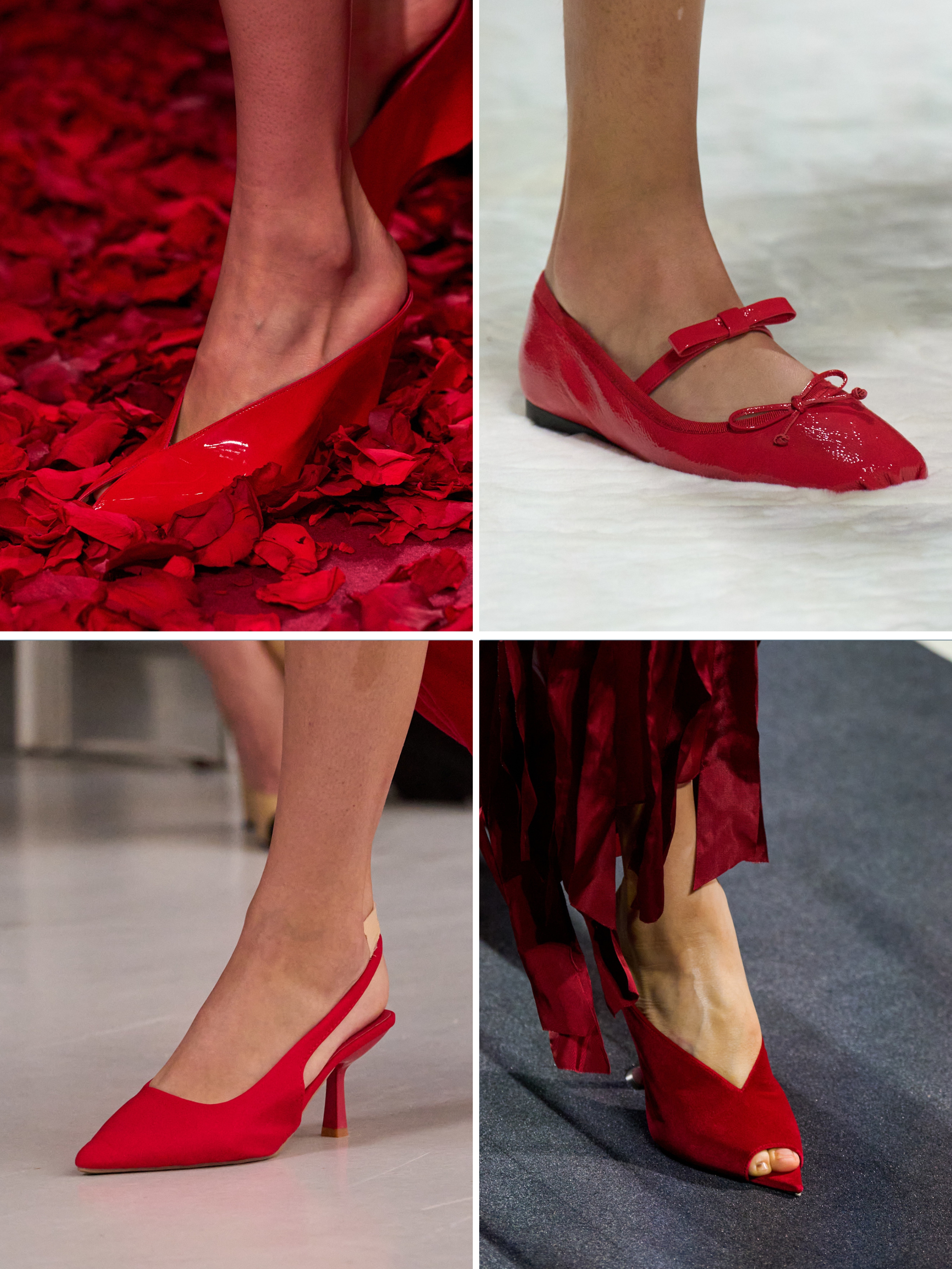 A selection of Ferragamo, Vivetta, Chocheng and Lanvin red shoes and boots on the autumn/winter 2025 runways