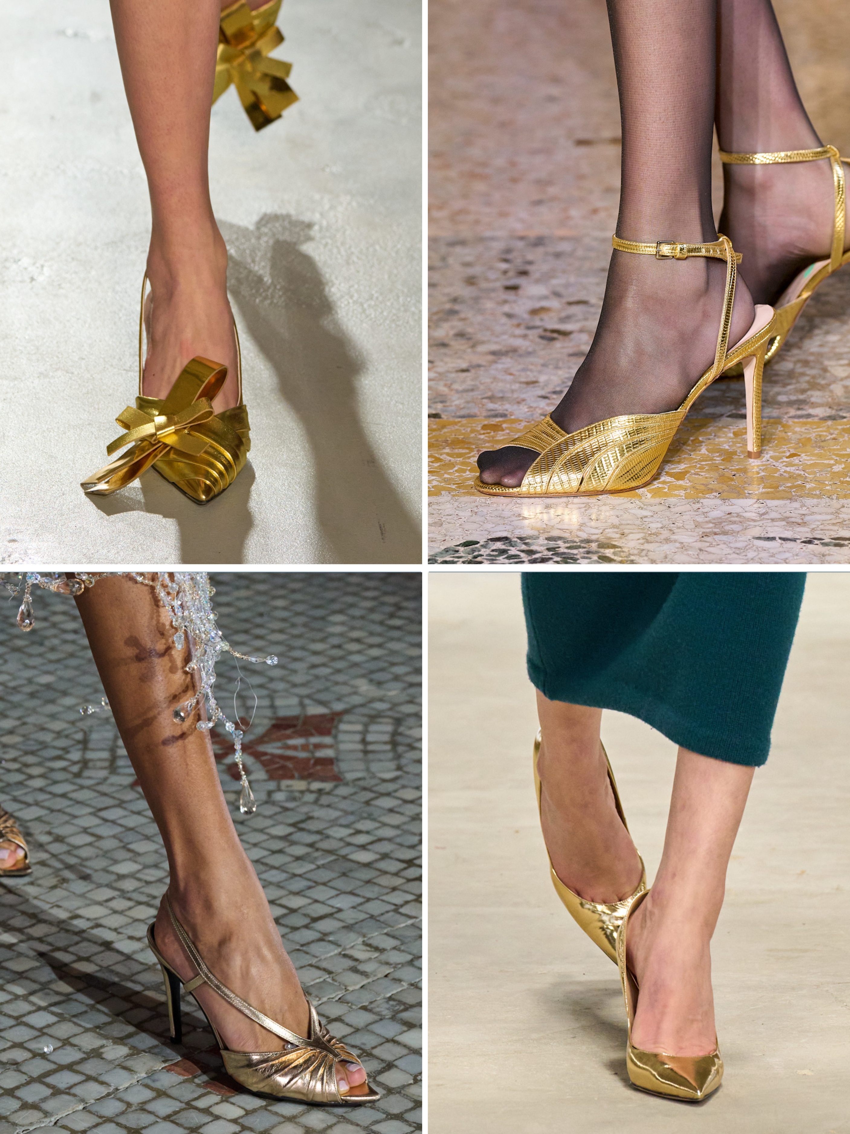 A selection of No.21, Twinset, Zuhair Murad and Carolina Herrera gold shoes and boots on the autumn/winter 2025 runways