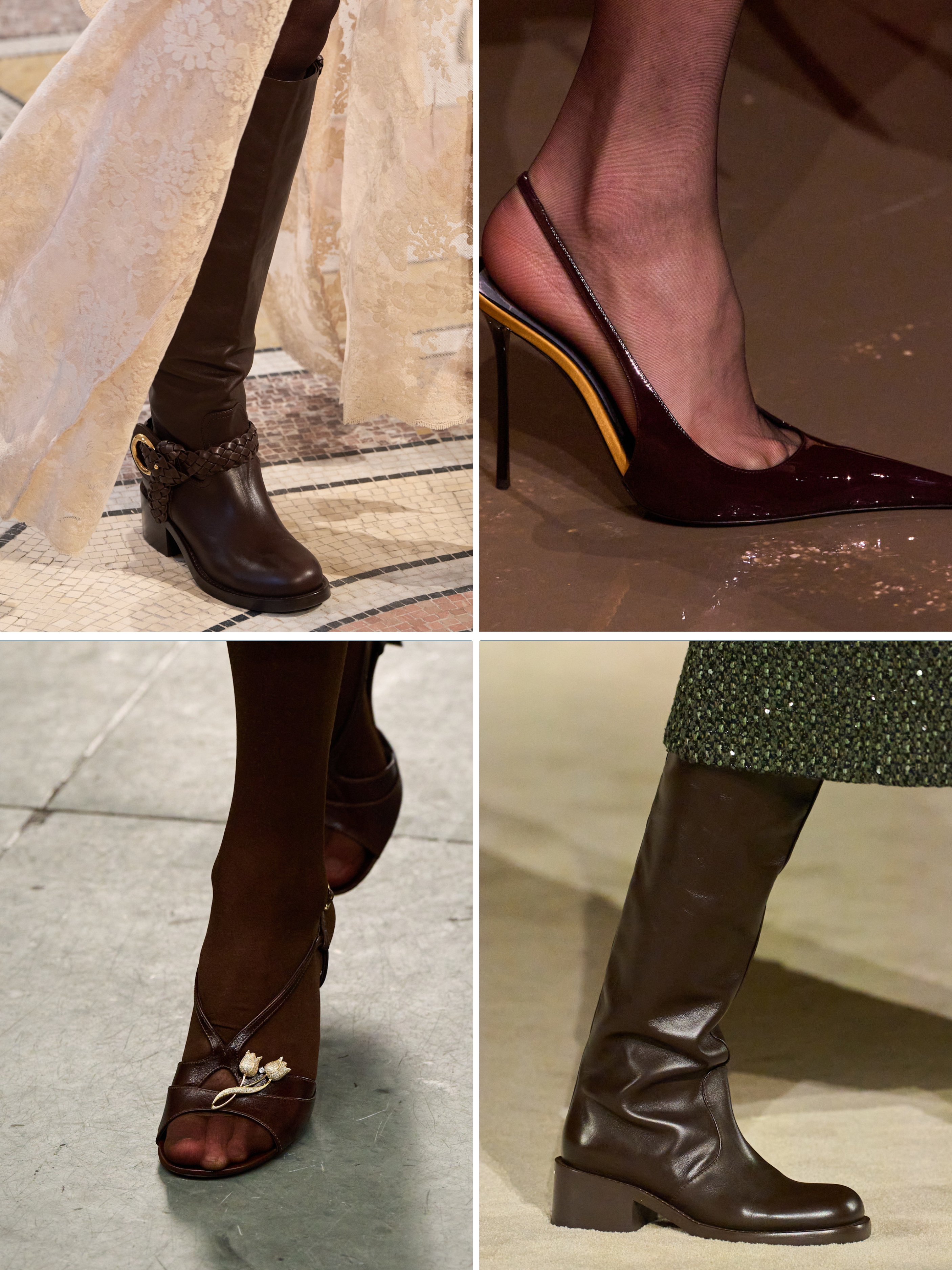A selection of Zimmermann, Saint Laurent, Tory Burch and Chanel brown shoes and boots on the autumn/winter 2025 runways