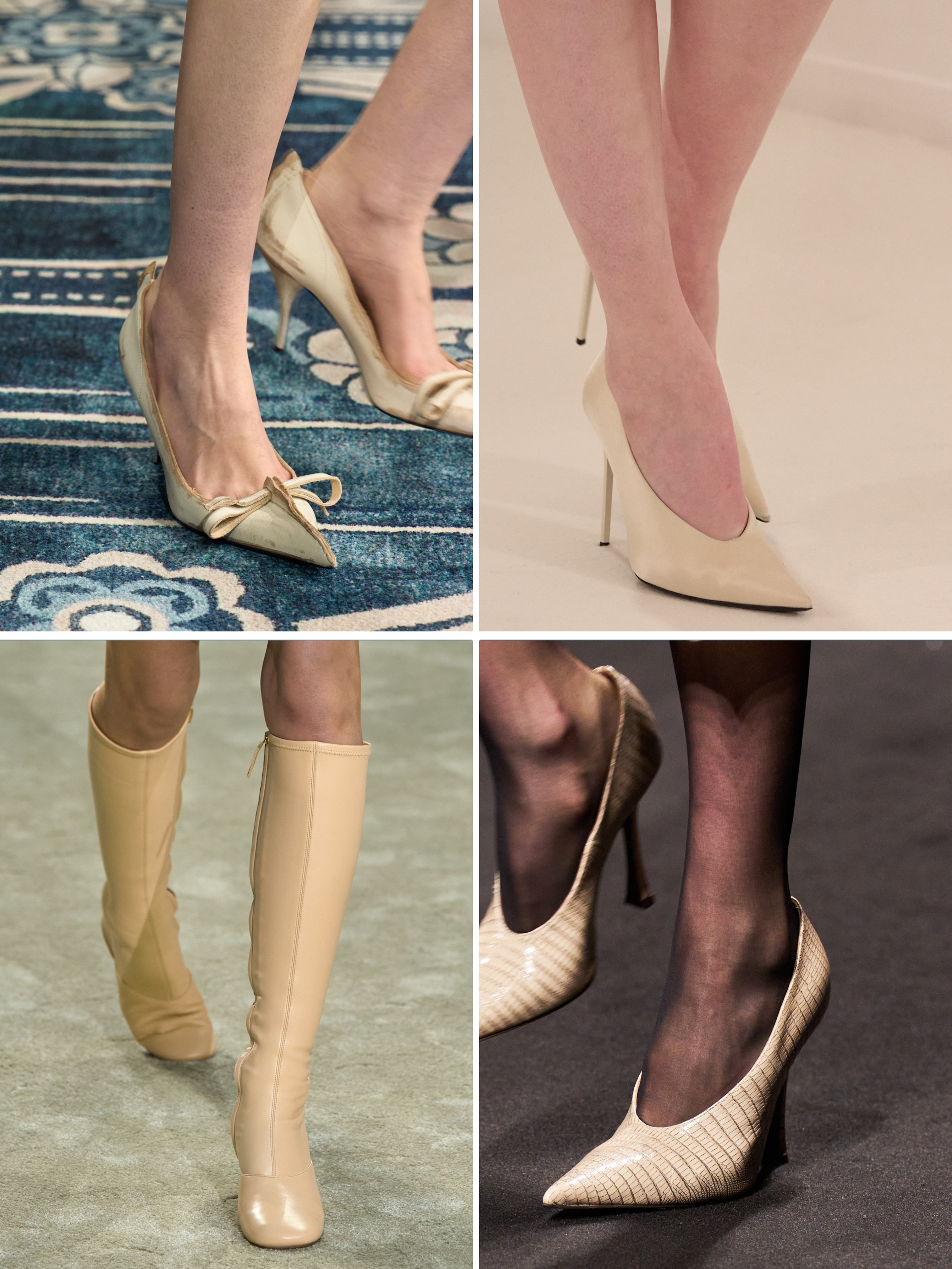 A selection of Prada, Ashi Studio, Chloé and Roberto Cavalli sand-coloured shoes and boots on the autumn/winter 2025 runways