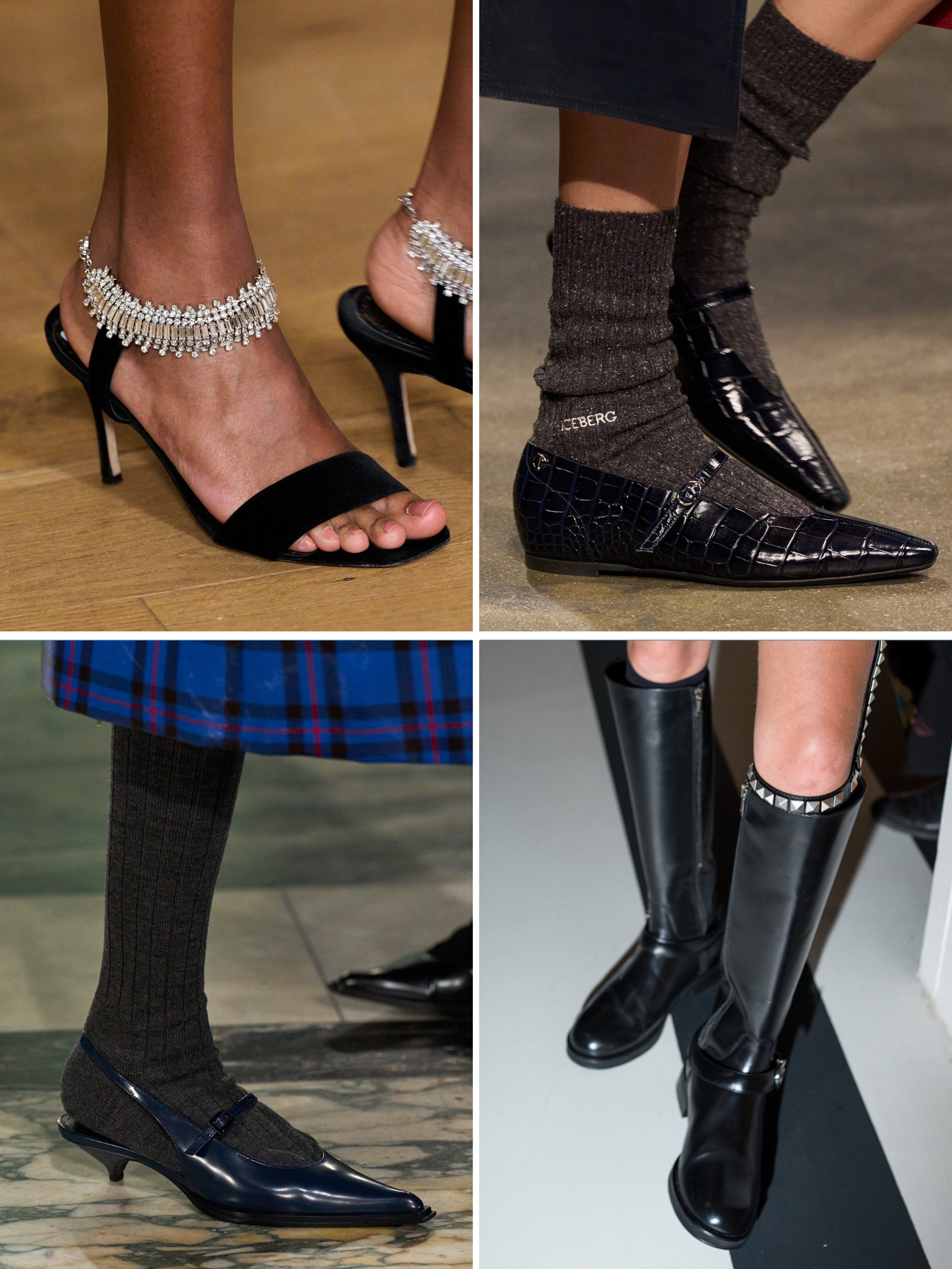 A selection of Julie de Libran, Iceberg, Kent & Curwen and Coperni navy shoes and boots on the autumn/winter 2025 runways