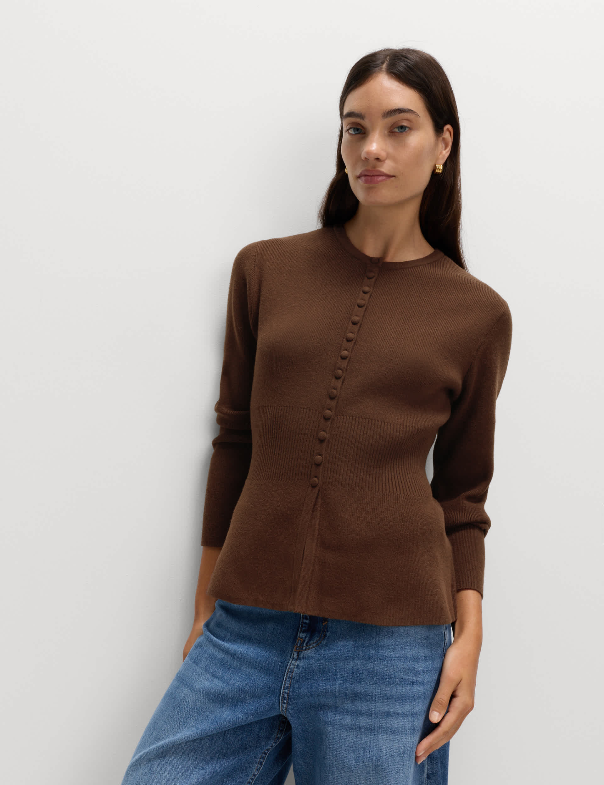 Soft Touch Crew Neck Peplum Fitted Cardigan