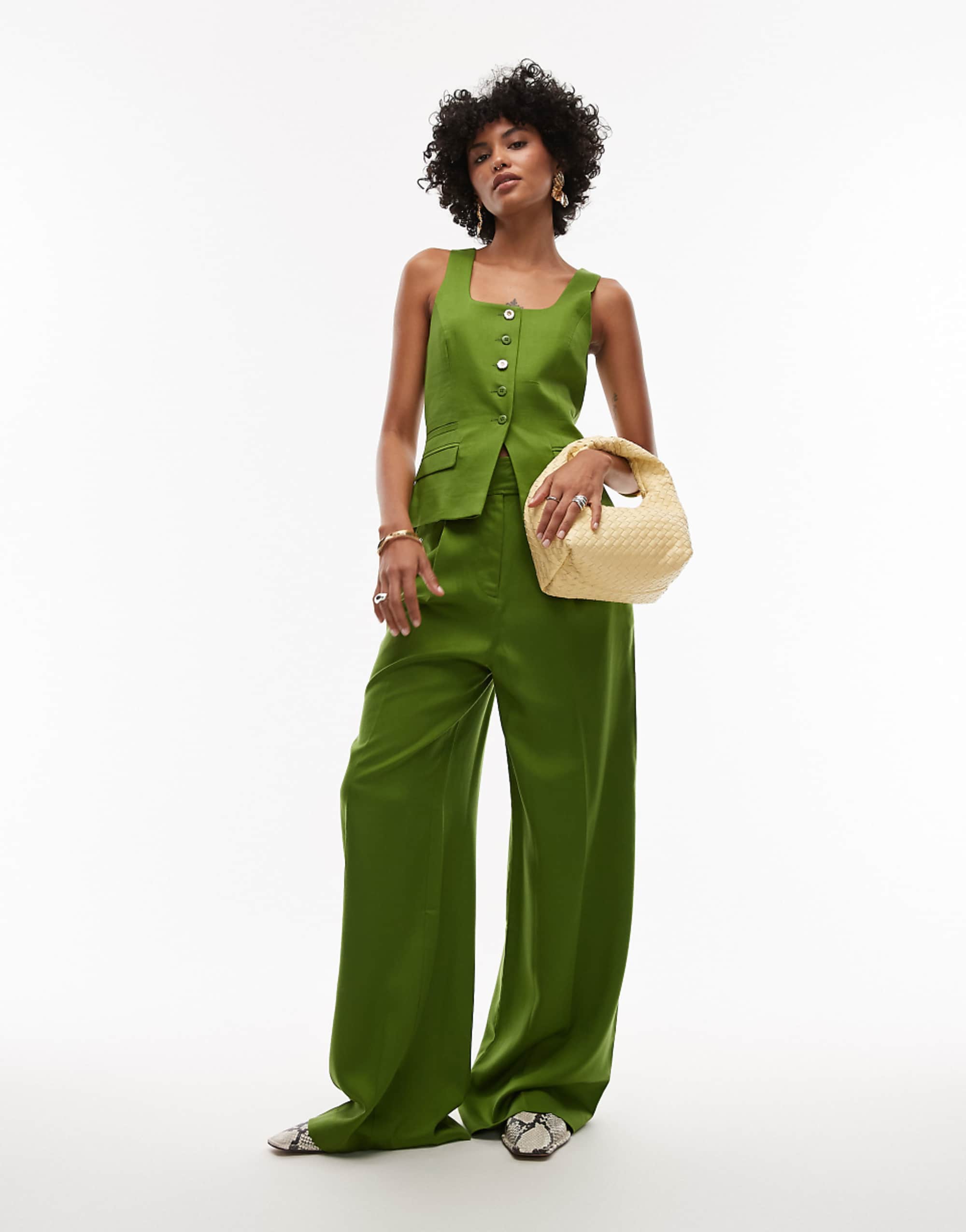 Topshop Co Ord Premium Wedding Guest Occasion Tailored Pleated Wide Leg Trouser in Green