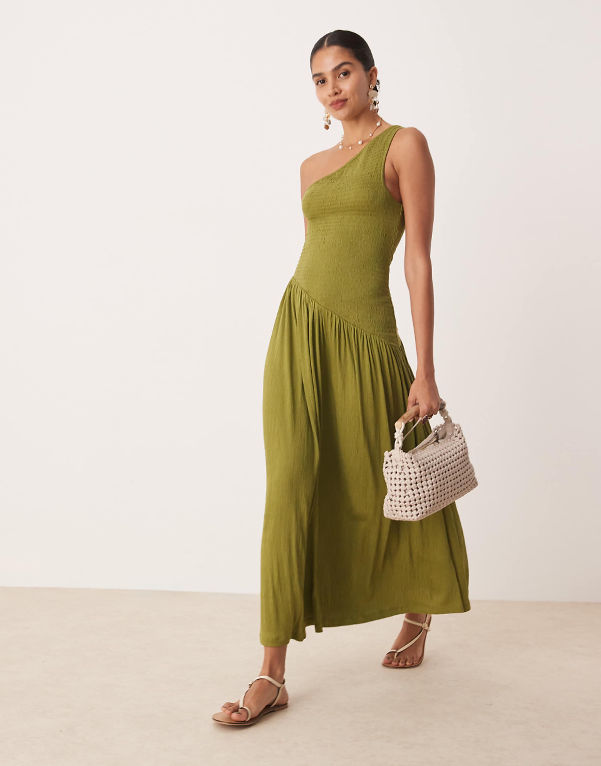 Asos Design Crinkle Shirred Bodice One Shoulder Asym Dropped Waist Midi Dress in Olive Green
