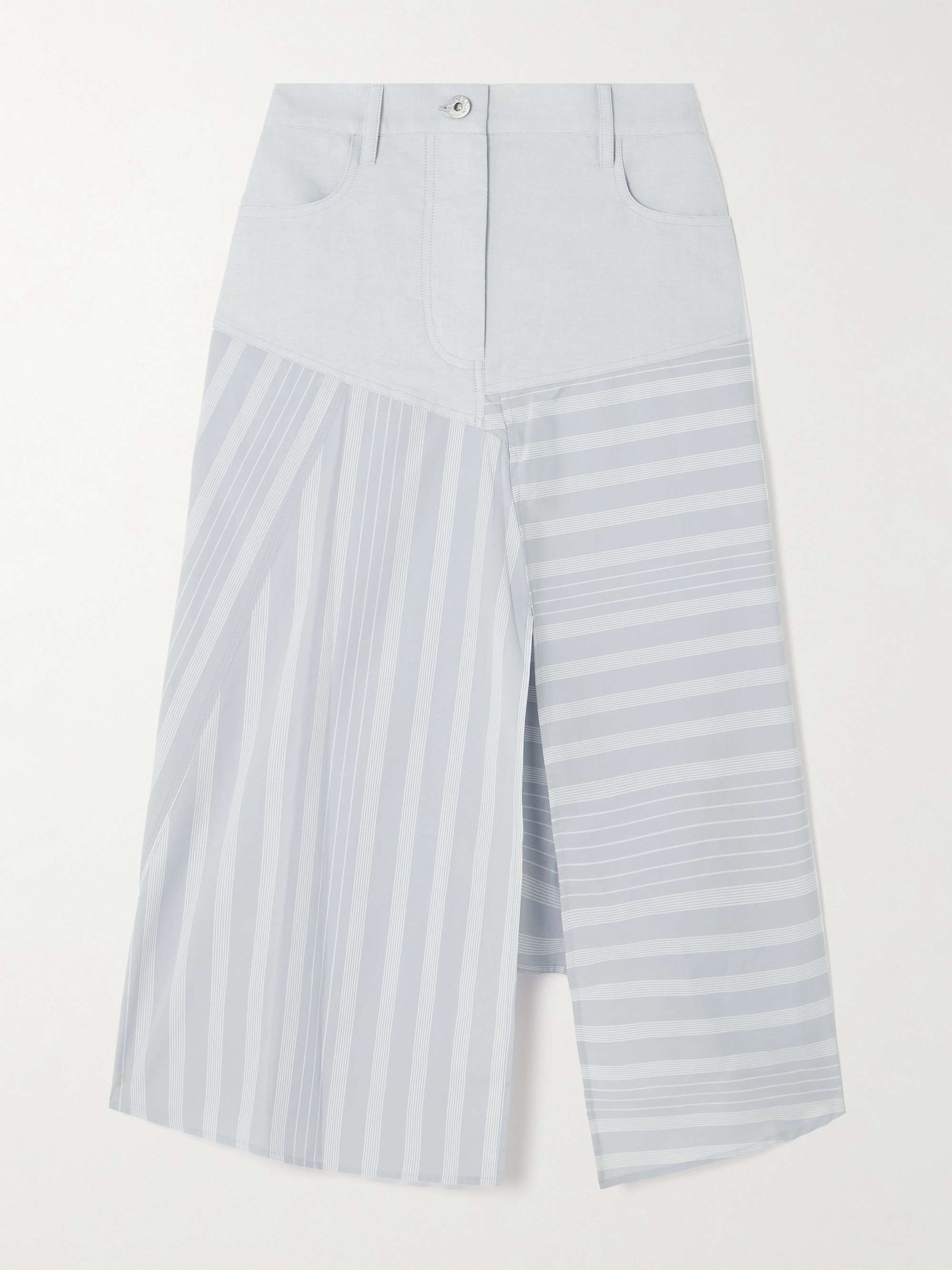 Asymmetric Striped Patchwork Cotton-Poplin and Denim Midi Skirt