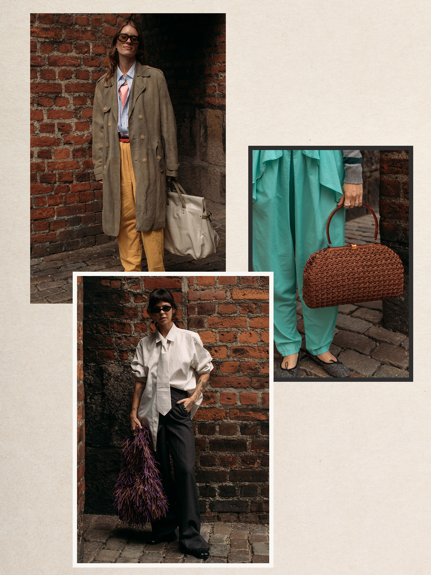 A collage of women wearing oversize bags.