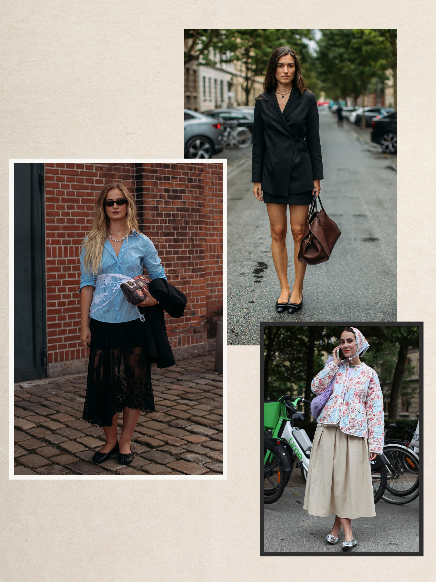 A collage of women in copenhagen wearing skirts and ballet flats.