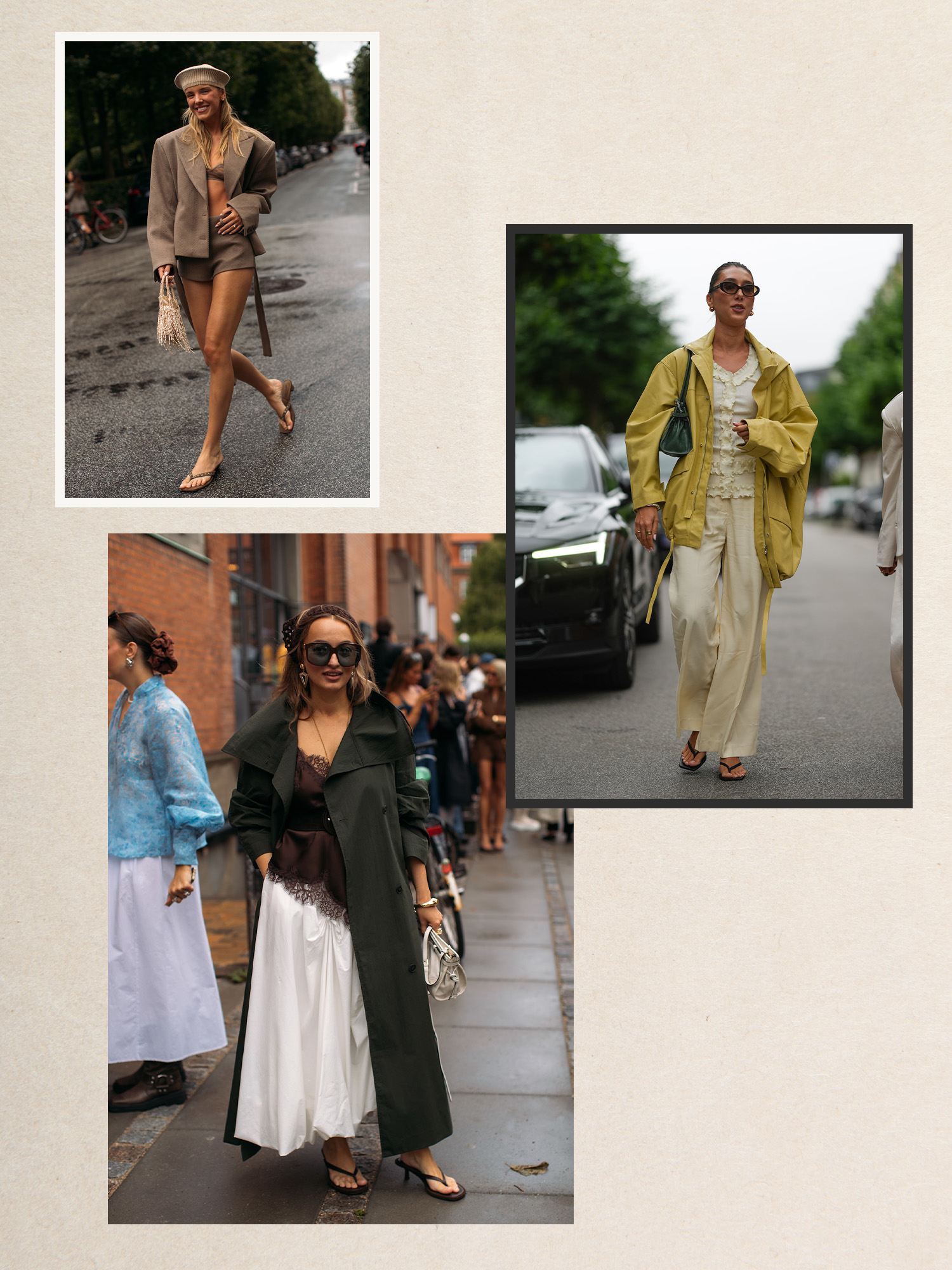 A collage of women in copenhagen wearing elevated flip-flops.