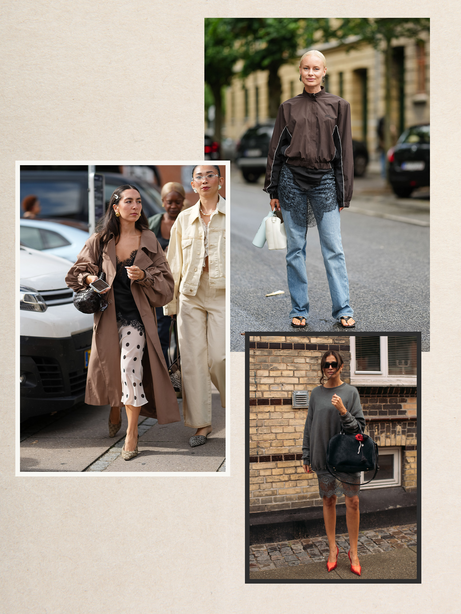 A collage of women in copenhagen wearing lace-trimmed clothes.