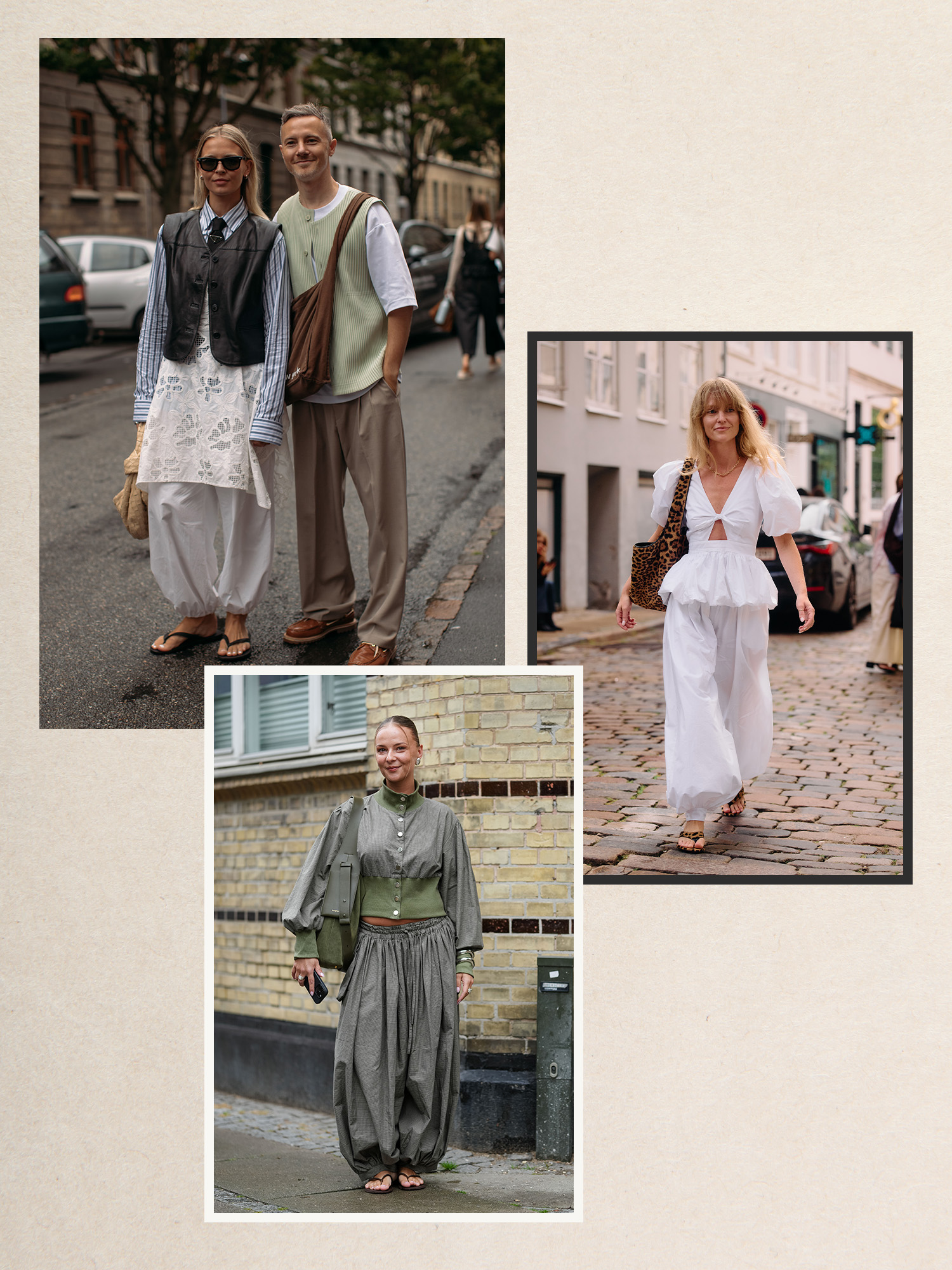 A collage of women in copenhagen wearing the balloon pant trend.