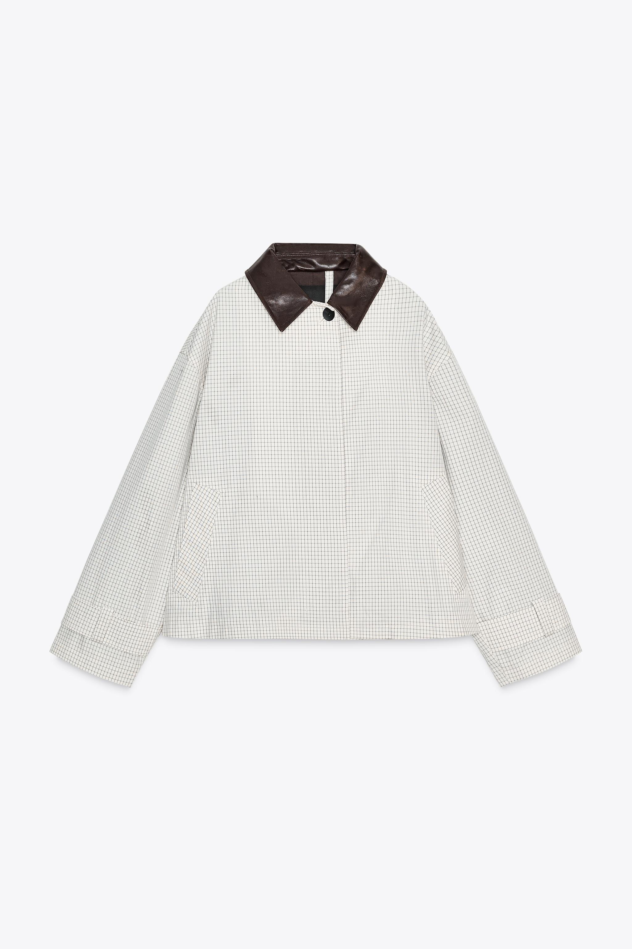 Zw Collection Faux Leather Collar Short Trench Coat