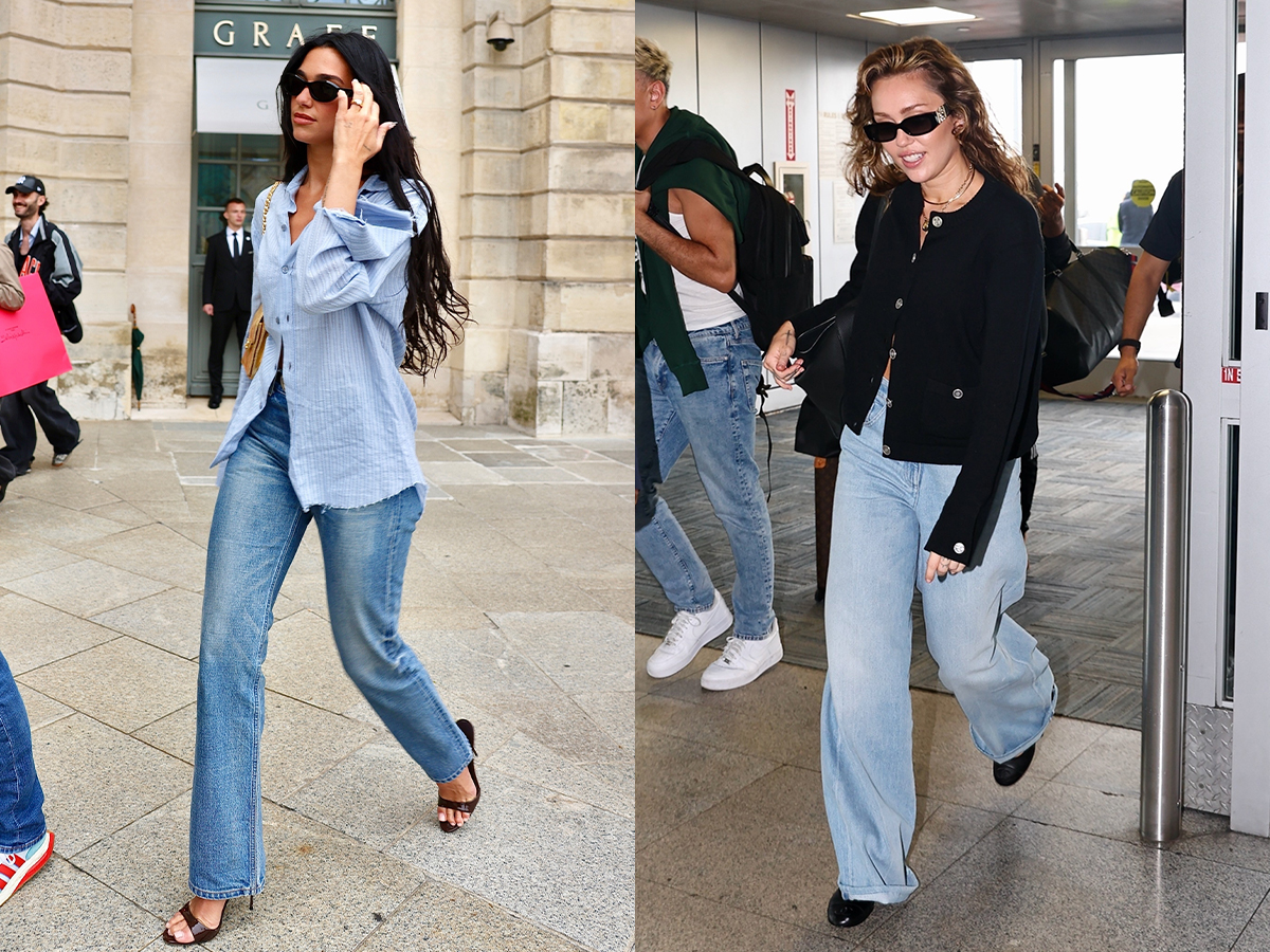 Dua Lipa in Paris wearing light-wash jeans and a blue button-down with open-toe mules. Miley Cyrus flying out of JFK in light-wash baggy jeans and a black cardigan with black ballet flats.