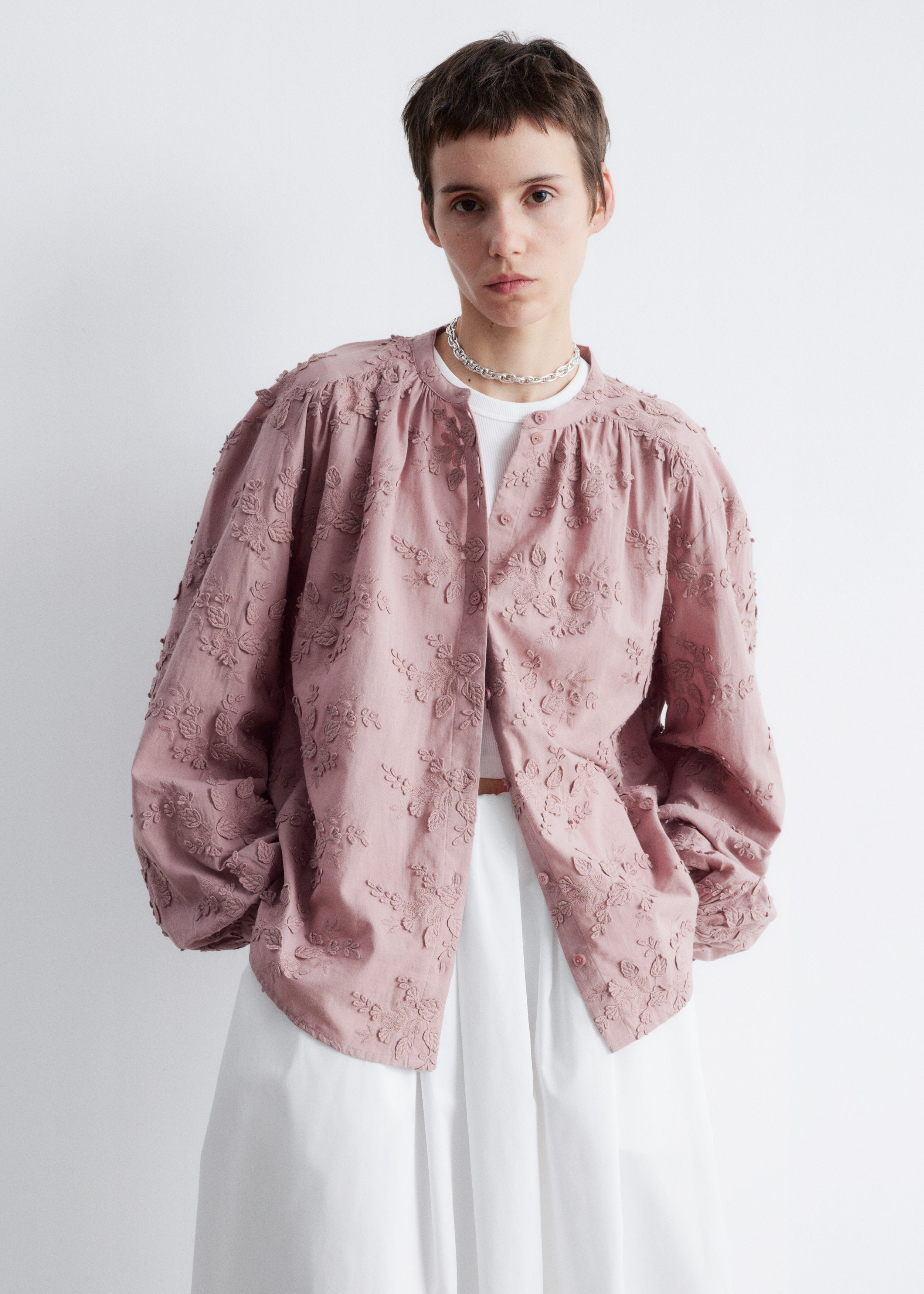 Voluminous Floral-Appliqué Blouse