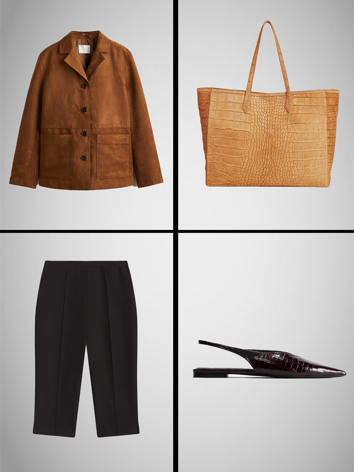 A suede blazer, snakeskin bag, pedal pushers, and burgundy slingbacks.