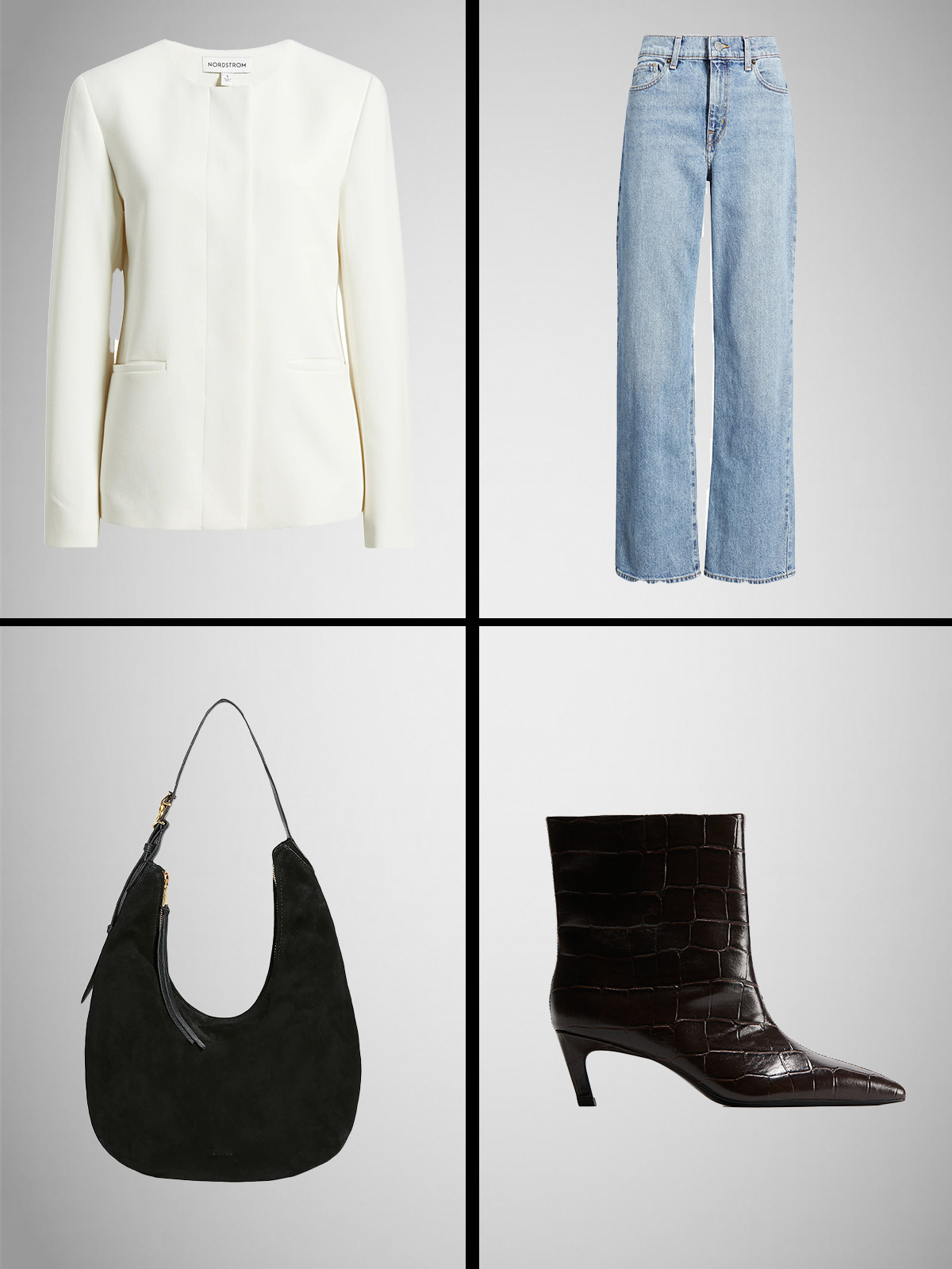 A collage of a blazer, jeans, suede bag, and flip flop heels.