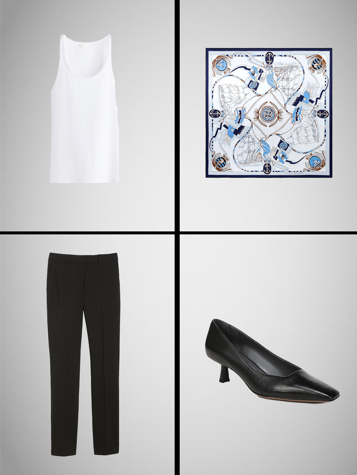 A white tank top, silk scarf, black slim trousers, and black pointed toe kitten heels.