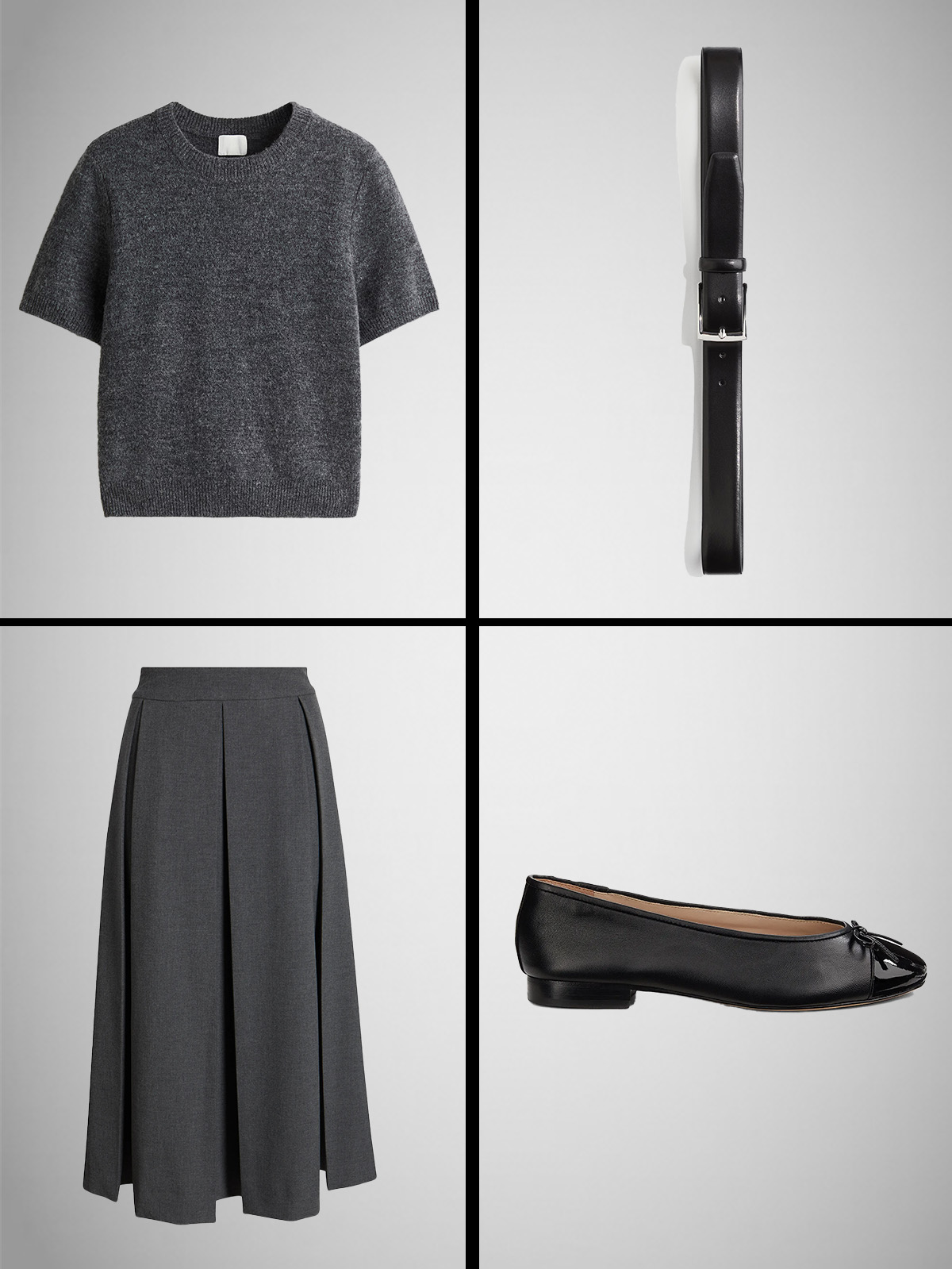 A collage of a gray sweater, gray skirt, black belt, and black ballet flats.